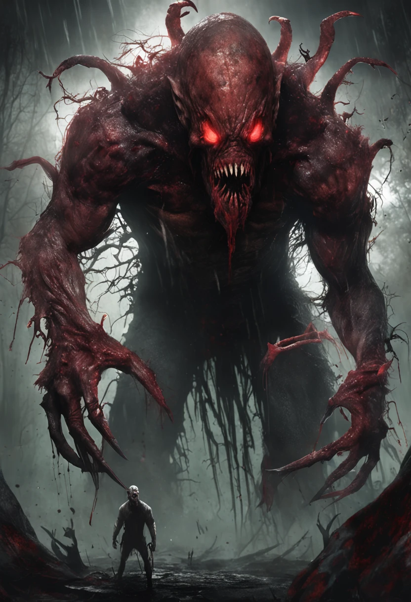 A frightening image that depicts gruesome and bloody abominations. Deformed and monstrous creatures, with twisted limbs and distorted faces, are the highlight of this gruesome composition. The environment around them is steeped in blood, exposed guts and an atmosphere of inescapable terror. This picture plunges viewers into a world of nightmares and unspeakable horrors --auto --s2