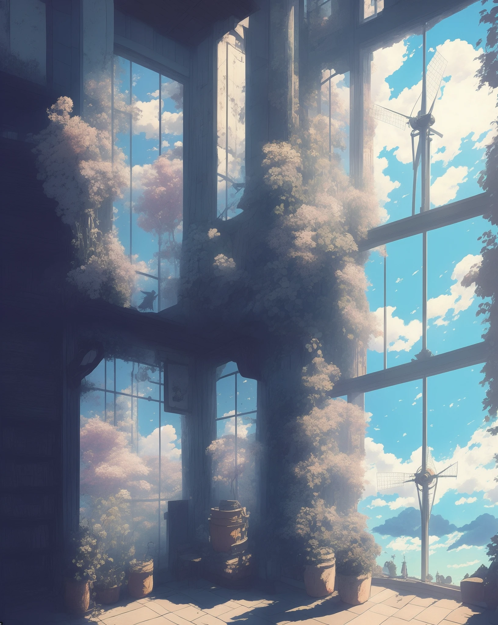 in style of hayao miyazaki,A window looking inside and out,the night,There are windmills hanging by the windows
