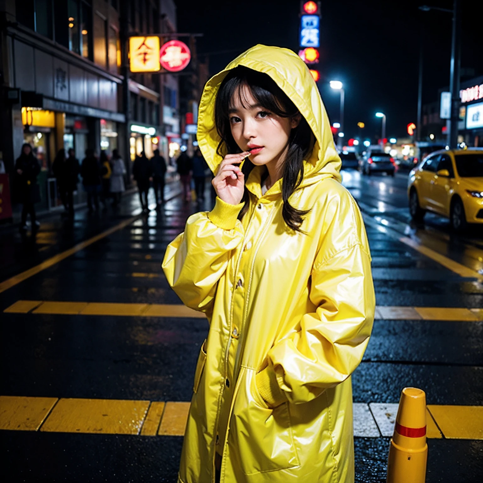 woman in yellow raincoat holding a cigaratte on city street at night, korean girl, yellow raincoat, girl in raincoat, she is wearing streetwear, yellow clothes, woman in streetwear, with yellow cloths, glossy yellow, japanese streetwear, wearing japanese techwear, wearing a yellow hoodie, wearing cyberpunk streetwear, cyberpunk streetwear, ulzzang