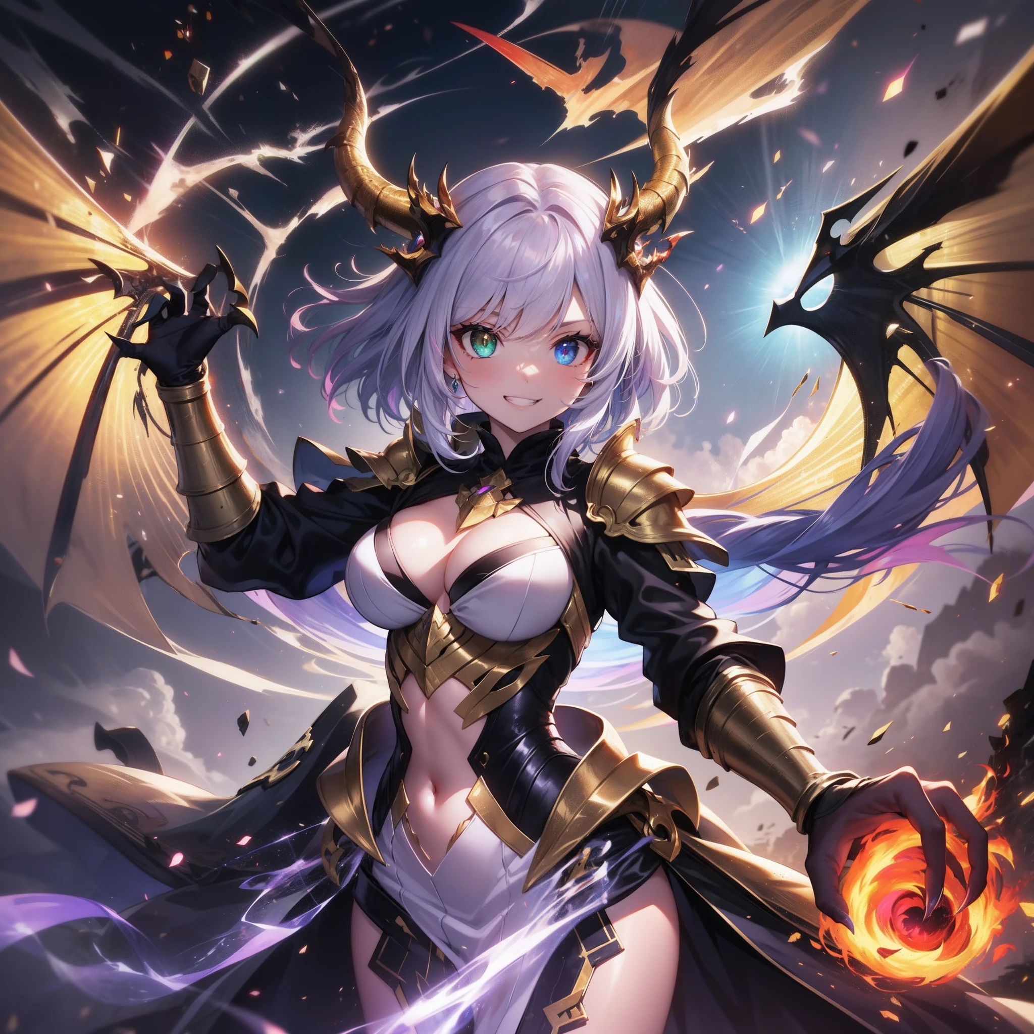 Female eyes have heterochromia,dark-gold armor, Female, Dark Red Dragon Horn, Five claws on golden dragon background, Fire effect, thunder efect, Purple hair, Gradient Eyes, grin, high detailing, Anime, Cinematic lighting, Glowing light, godrays, Reflected Light, Backlight, Projection Illustration, nffsw, masutepiece, ccurate, Textured skin, Super Detail, Best Quality, High resolution, Award-winning