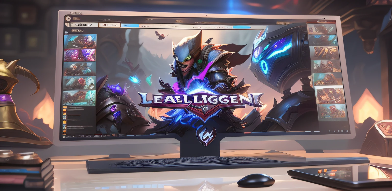 Arafeld computer monitor,There is a game on it,Placed on the table, league of legends splashscreen, league of legends splashart, League of Legends splash screen, league of legends splashart, league of legend illustration, league of legends inspired, league of legends art style, gamer screen on metallic desk, league of legends style art, League of Legends style