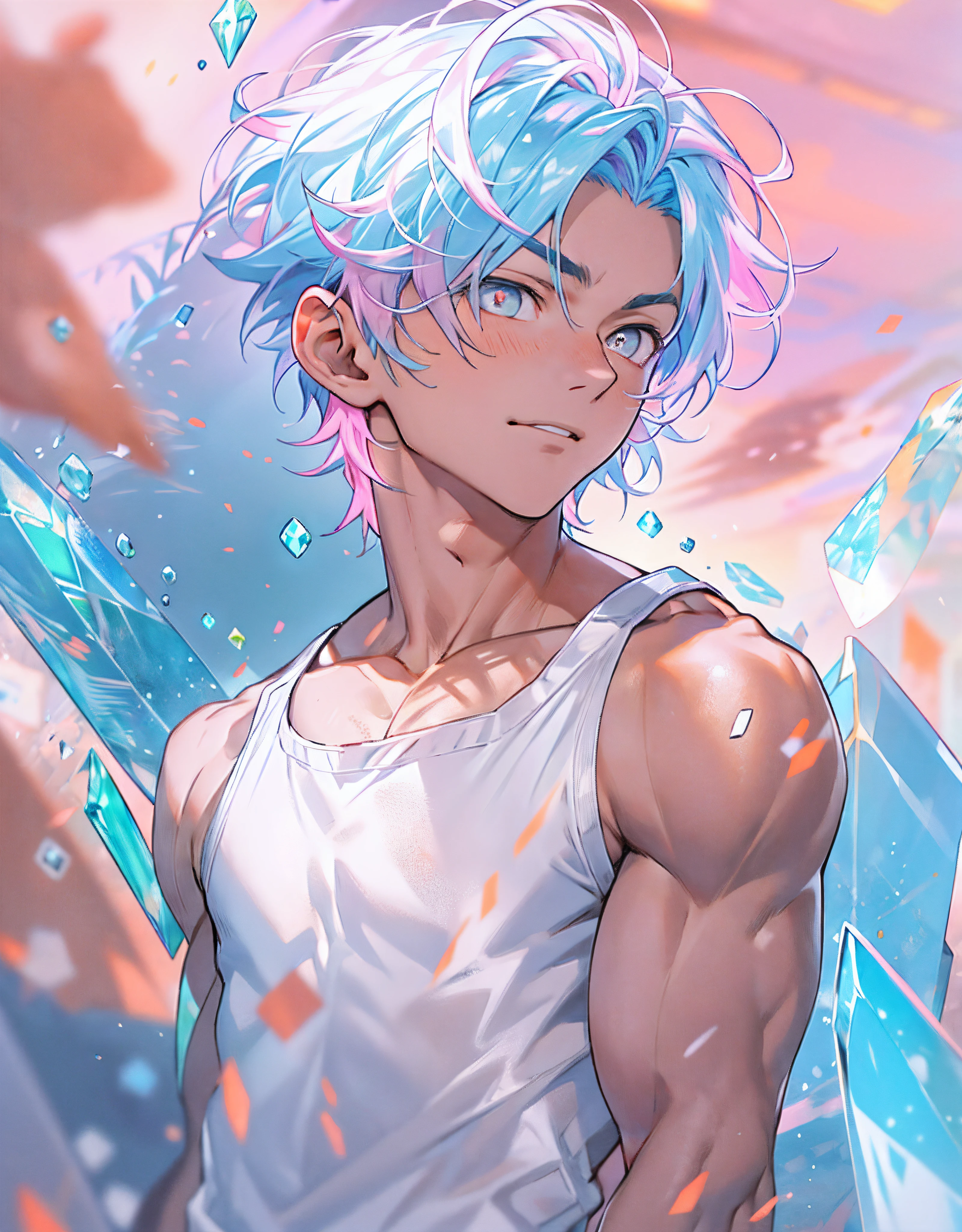 (masterpiece, best quality),Male children,nakeness,Standing posture,Short bright blue hair,A young boy with,younge boy,???'s face,adolable,infancy,Young age,Short round face,Flat chin,children's,infancy,(???'s face),Black Skin Sports Student,Land of Crystals,ice field,Pink belly hair,Pink chest hair,Pink pubic hair,Young age,Flat chin,Fine face in detail,Clean skin,White men's briefs,musculous,Short bright blue hair,Bright Hair,White eyes,Keep your eyes wide open,nakeness,Very narrow low-rise white briefs,White briefs,Pectoralis abdominal muscles,Broad body,Strong and well-developed muscles,Shimmering like a diamond, it shines like a crystal,Bright and vivid colors,(depth of fields:1.2),Positive audience,looking at viewert,the night,Holy,Light-sensitive,byself,are standing,Close-up Shot Shot,glowing,Fluorescent effects