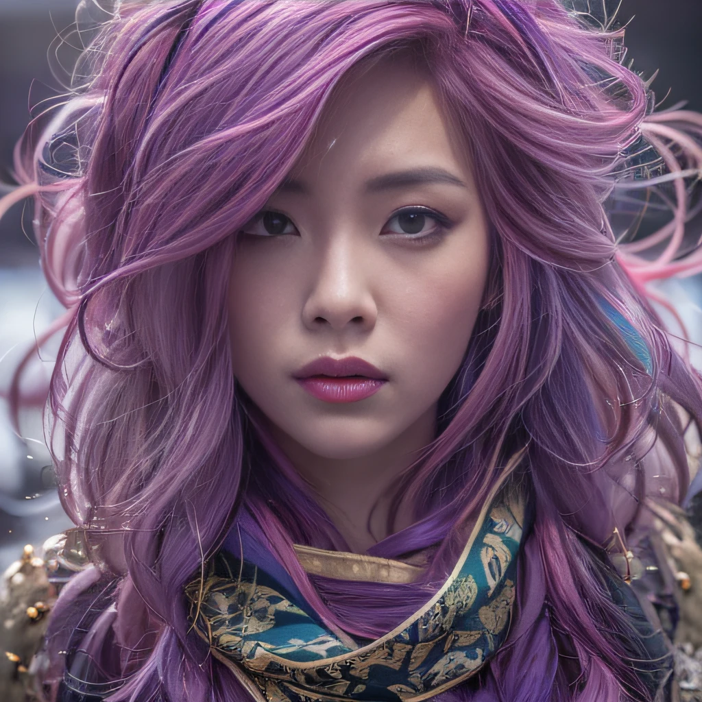 32K（tmasterpiece，k hd，hyper HD，32K）Long flowing purple-pink hair，Autumn Pond，zydink， a color，  Tongzhou people （Girl with glowing eyes）， （Thin silk scarf）， Combat posture， looking at the ground， long whitr hair， Floating hair， Python headdress， Chinese long-sleeved clothing， （abstract ink splash：1.2）， white backgrounid，Lotus protector（realisticlying：1.4），Purple-pink hair，Smoke and rain，The background is pure， A high resolution， the detail， RAW photogr， Sharp Re， Nikon D850 Film Stock Photo by Jefferies Lee 4 Kodak Portra 400 Camera F1.6 shots, Rich colors, ultra-realistic vivid textures, Dramatic lighting, Unreal Engine Art Station Trend, cinestir 800，Long flowing purple-pink hair