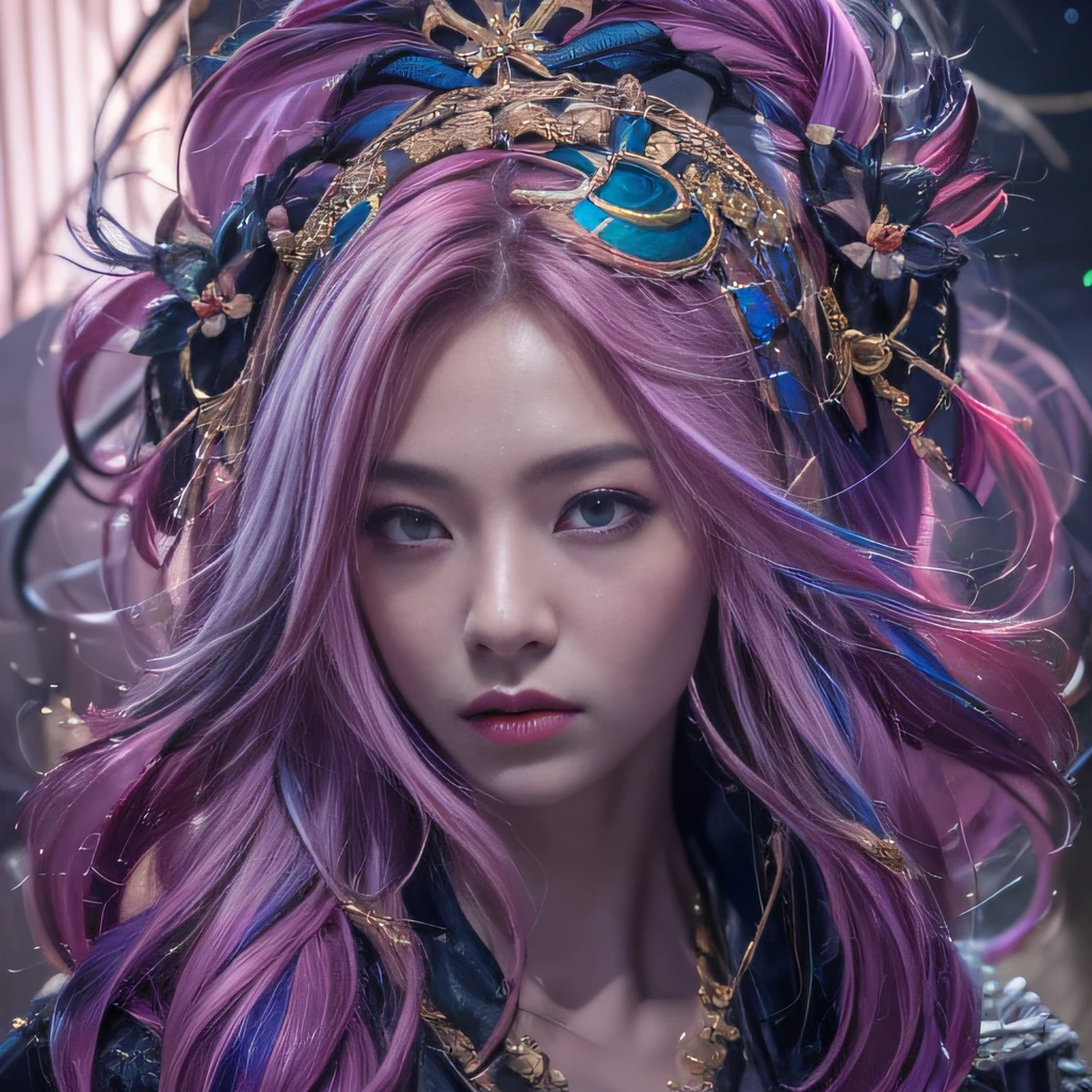 32K（tmasterpiece，k hd，hyper HD，32K）Long flowing purple-pink hair，Autumn Pond，zydink， a color，  Tongzhou people （Girl with glowing eyes）， （Thin silk scarf）， Combat posture， looking at the ground， long whitr hair， Floating hair， Python headdress， Chinese long-sleeved clothing， （abstract ink splash：1.2）， white backgrounid，Lotus protector（realisticlying：1.4），Purple-pink hair，Smoke and rain，The background is pure， A high resolution， the detail， RAW photogr， Sharp Re， Nikon D850 Film Stock Photo by Jefferies Lee 4 Kodak Portra 400 Camera F1.6 shots, Rich colors, ultra-realistic vivid textures, Dramatic lighting, Unreal Engine Art Station Trend, cinestir 800，Long flowing purple-pink hair