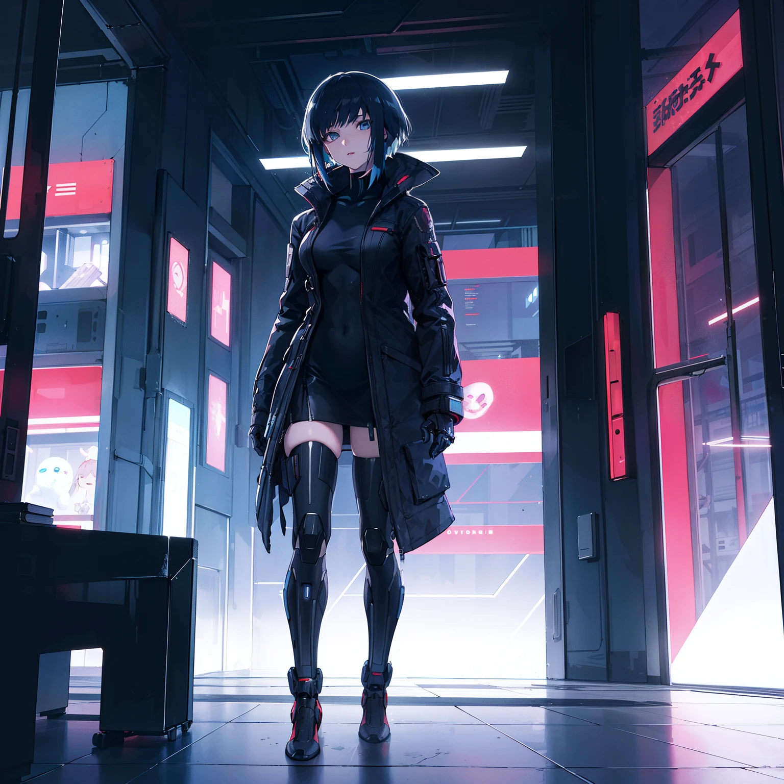 Sci-fi Ghost in the Shell, Cyberpunk style building interior, 1girl in