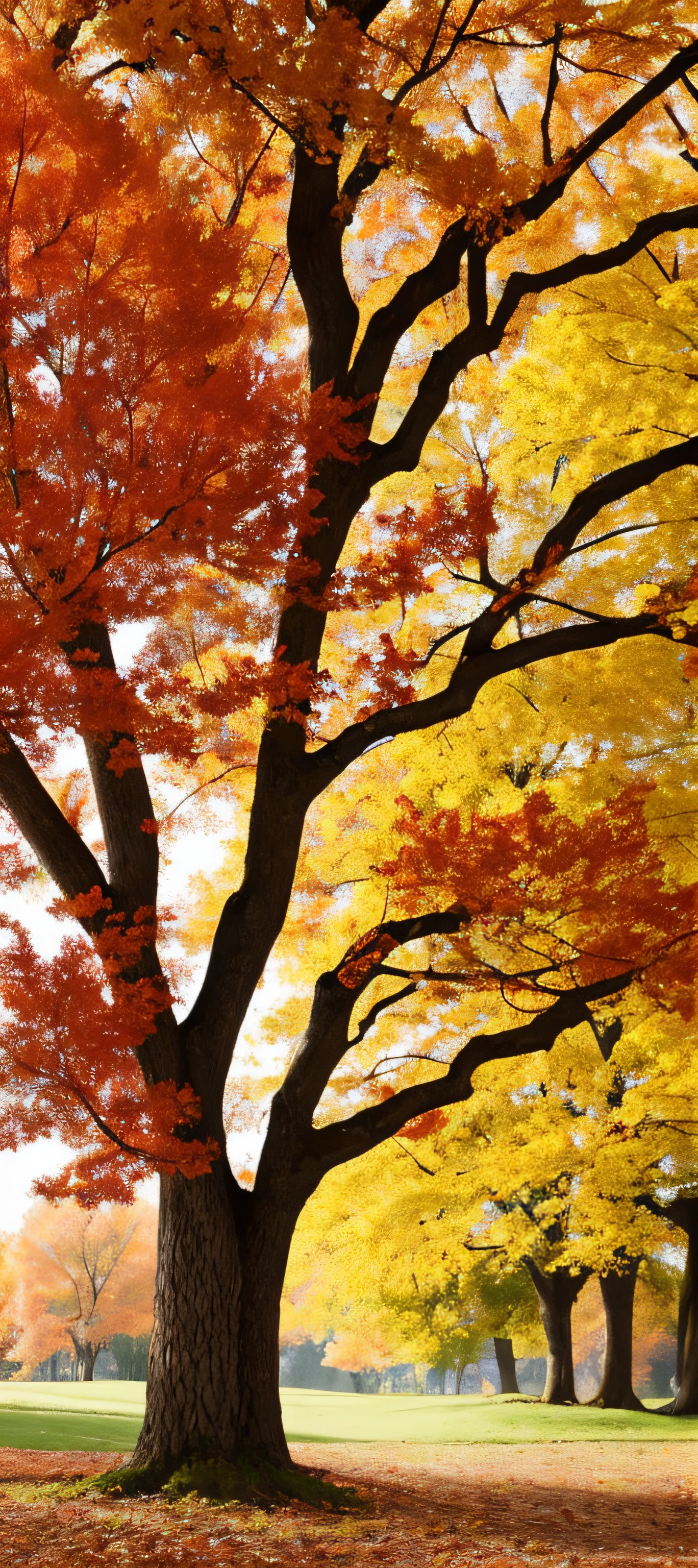 a oak tree that lose leafs in the autumn. Orange and red leafs