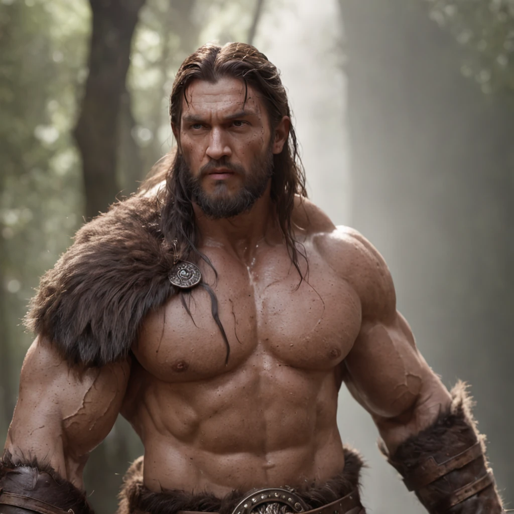 (professional 3d render:1.3) af (Realistic:1.3) most beautiful artwork photo in the world，Features soft and shiny male heroes, ((Epic hero fantasy conan the barbarian muscle man rough wet hero focused looking long hair short beard and foucused expression in dynamic pose, Fantastic location, Majestic environment)), Full body 8K unified rendering, action  shot, skin pore,Maximum Clarity And Sharpness, lighting, heavyshading, Detailed, Detailed face, (vibrant, photograph realistic, Realistic, Dramatic, Sharp focus, 8K), (Epic Old leather garments damaged by weathering:1.4), ((((Wear fur)))), (Intricate:1.4), decadent, (Highly detailed:1.4), Digital painting, rendering by octane, art  stations, concept-art, smooth, Sharp focus, illustration, Art germ, (loish:0.23), wlop ilya kuvshinov, and greg rutkowski and alphonse mucha gracias, (Global illumination, Studio light, volumettic light), heavy rain, particles floating, lotr, fantasy, full bodyesbian, ((Ancient city background in forest:1.3)),CGSesociety,art  stations