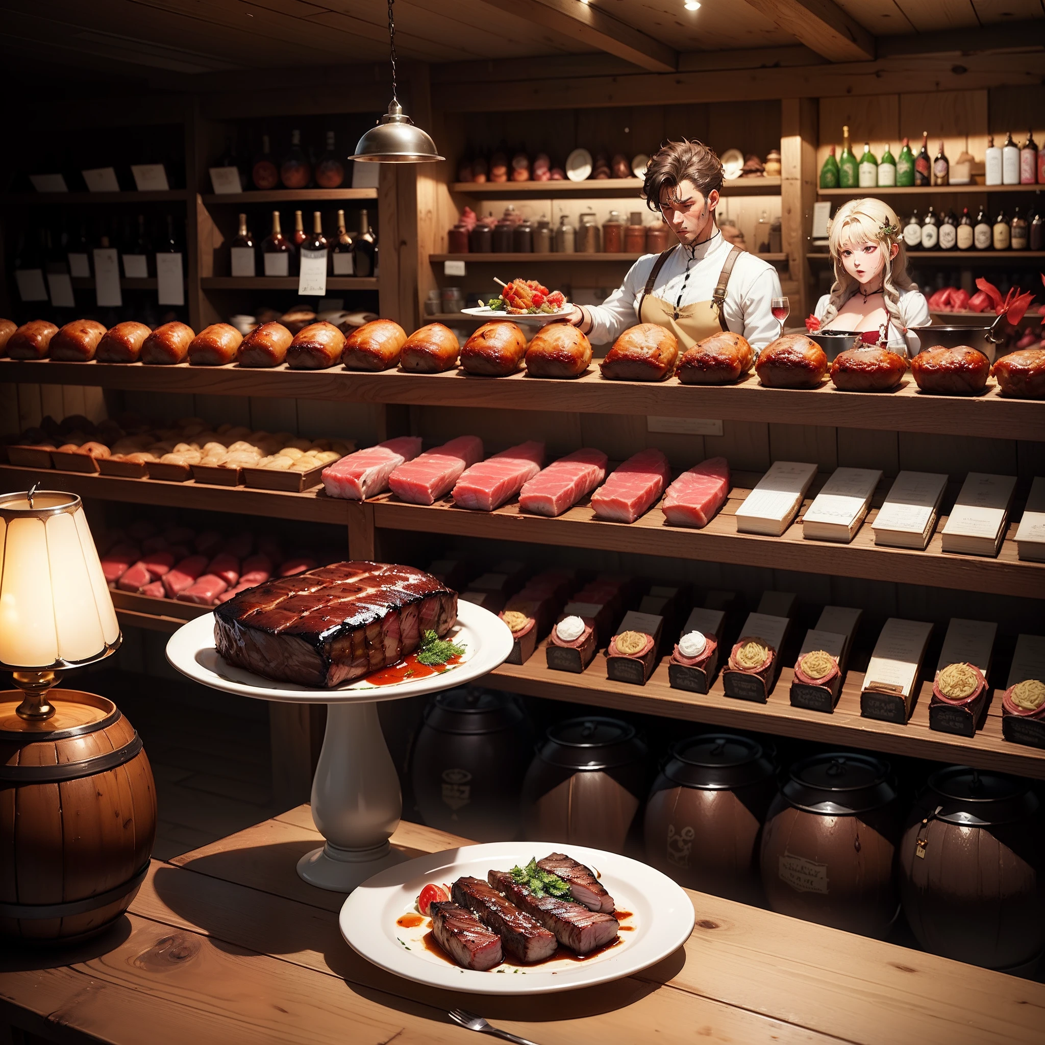 (Manga meat、Lamb steak)、(high-class sense)、(Delicious browning)、(savory)、(Stylishly served on a plate)、(Illustration of a lively shop in the Adventurer's Guild、A scene image of a fantasy anime game)、Keg beer、red wine、Inside a wooden building、Large shop、Gathering of the Strong、