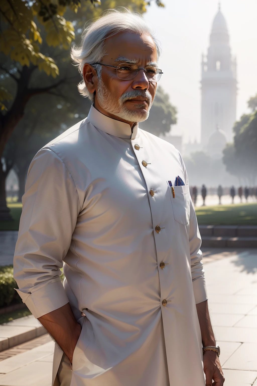 narendra modi, indian prime minister, in white kurta, in front of indian parliament house, depth of field , sunlight on back, cinematic feel, full frame, hyperealistic