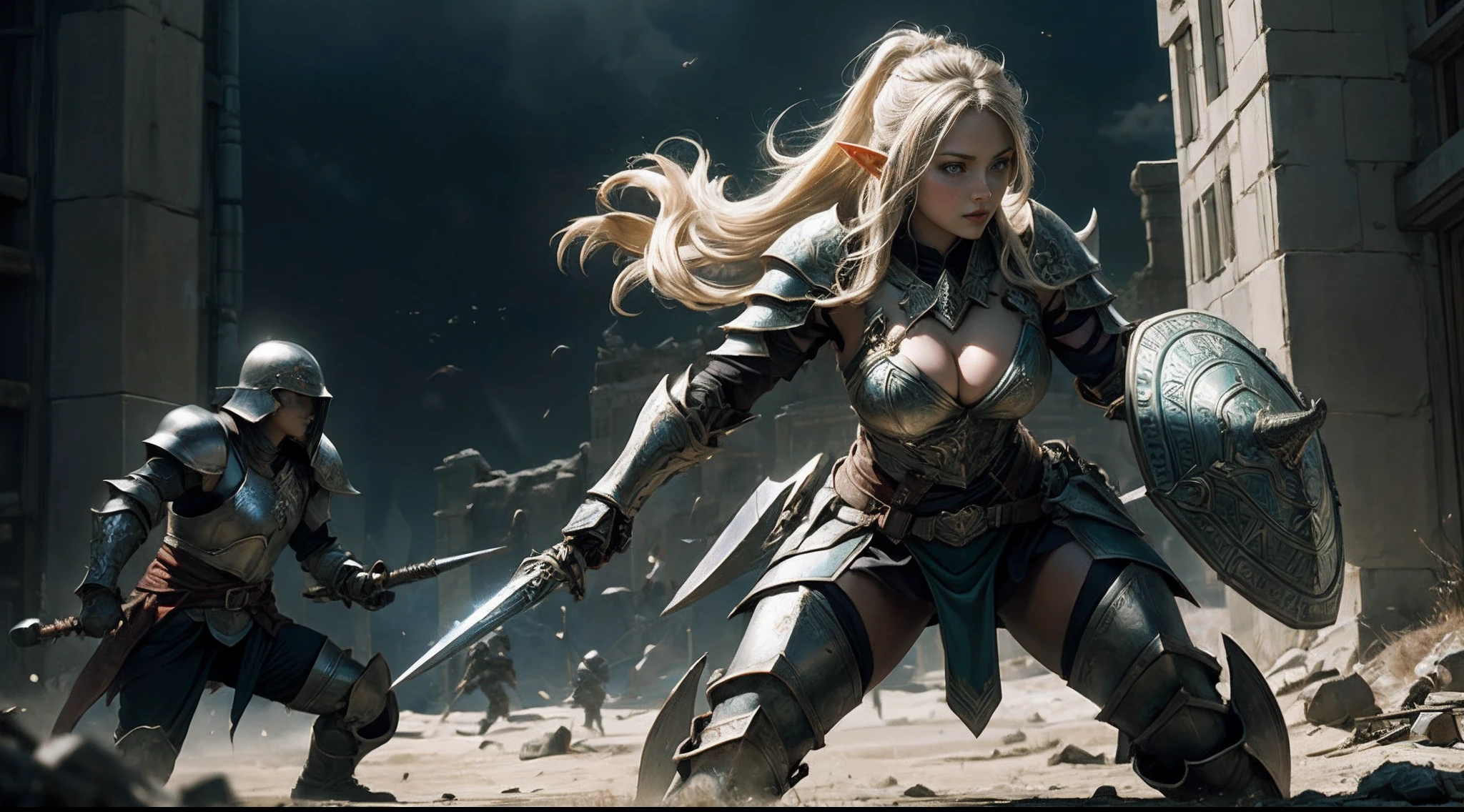 Female elf,Large breasts,Heavy armor,Square shield,complex patterns,The background is the battlefield,Fighting posture,Mid-range portrait
