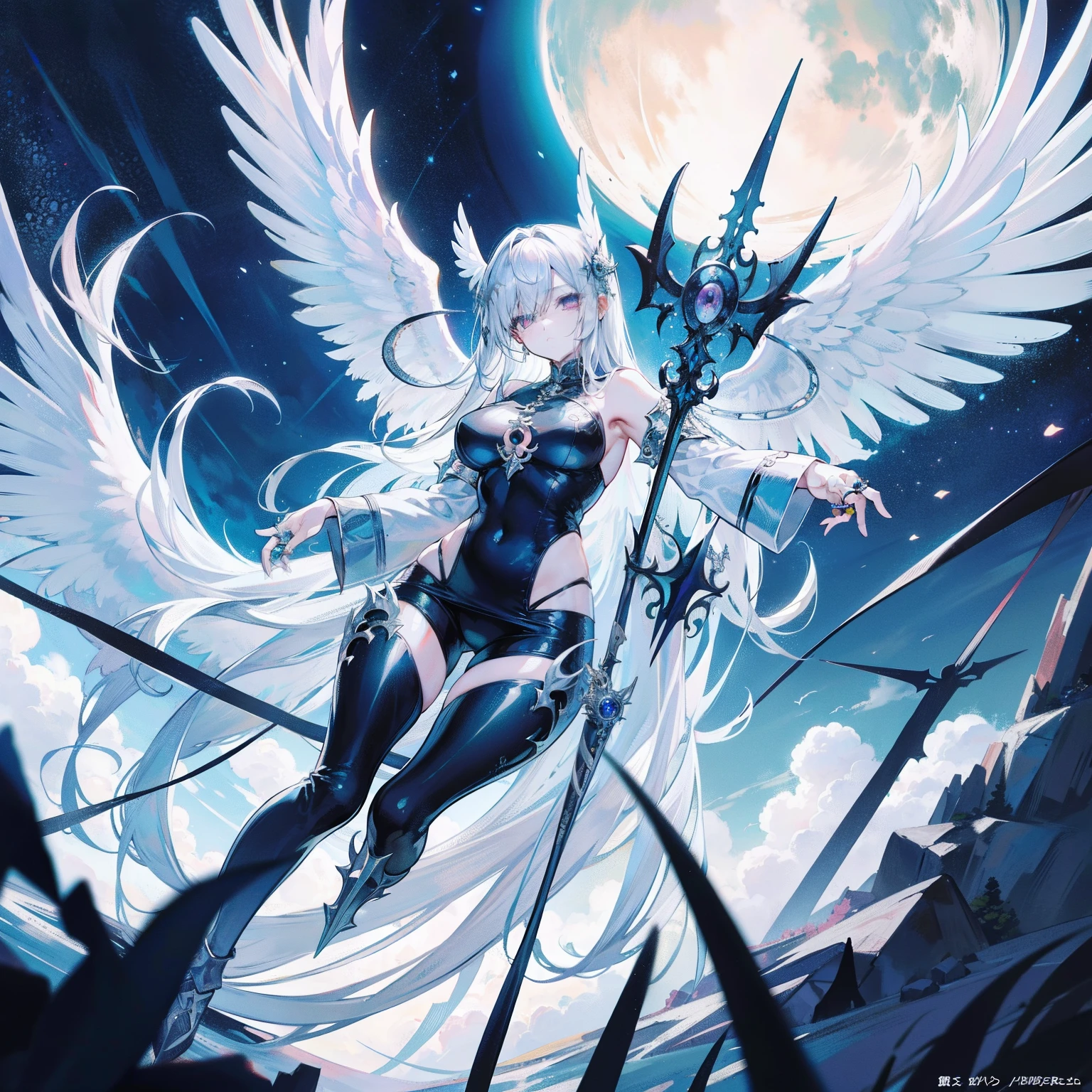 Monster Diochromic Angel Looks Sacred,His whole body consists of a huge one-eyed eye,Metal ring around one eye,The ring is crawling with the eyeball,The dragon has many wings on the white holy angel