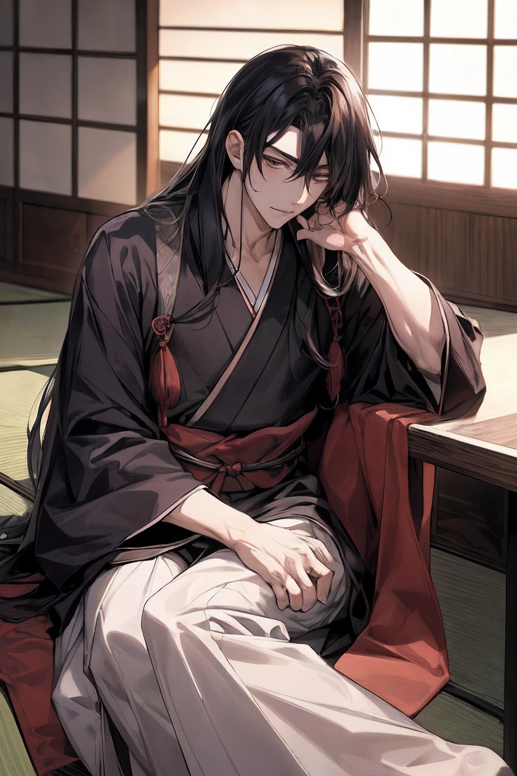 Male one ,The long-haired，Allback，Disheveled bangs，Oku Duplex，wearing robe， Handsome young man,Sit on your elbows, traditional Japanese room，,Lean, Thinking,back lighting