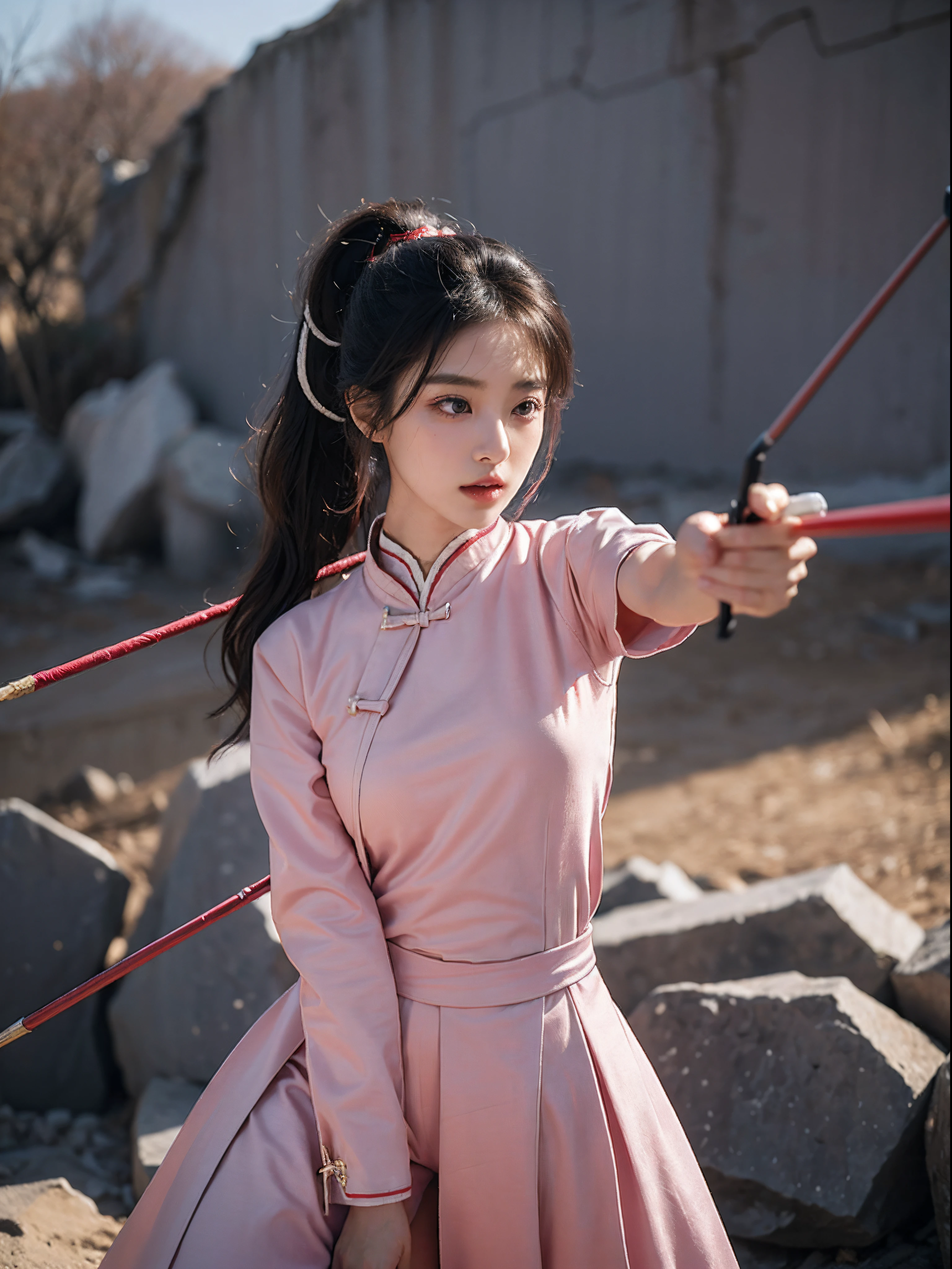 1girl, 175cm,korean model, 23 years old,soft body, black hair, wavy hair,whole body,tied hair,hair tied up, hair reaches waist, pink choker,sexy ancient chinese uniform ,chinese suit,pink chinese suit,half undressed,close-up, 8k, RAW photo, best quality, masterpiece,realistic, photo-realistic,seductive,((training spear)),practicing bow shooting,holding bow to attack,holding bow to shoot ,white horse behind