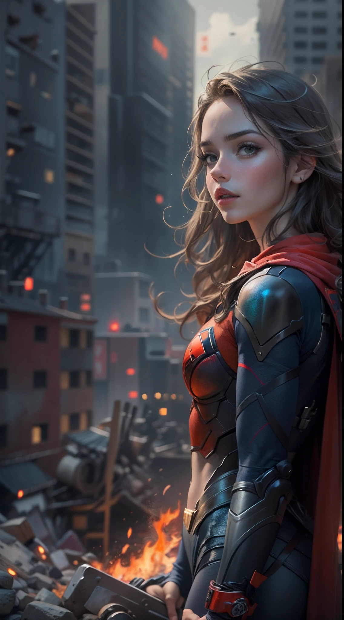 View from space of a giant woman looking up into the sky, in a red bikini stands against the backdrop of the city, city below, stunning digital illustration, Artgerm julie bell beeple, Beautiful digital images, hyperrealistic fantasy art, Artgerm ; 3D unreal engine, Wojtek fus, Epic digital art illustration, gorgeous digital painting, Epic fantasy in the style of digital art, realistic 4K digital art