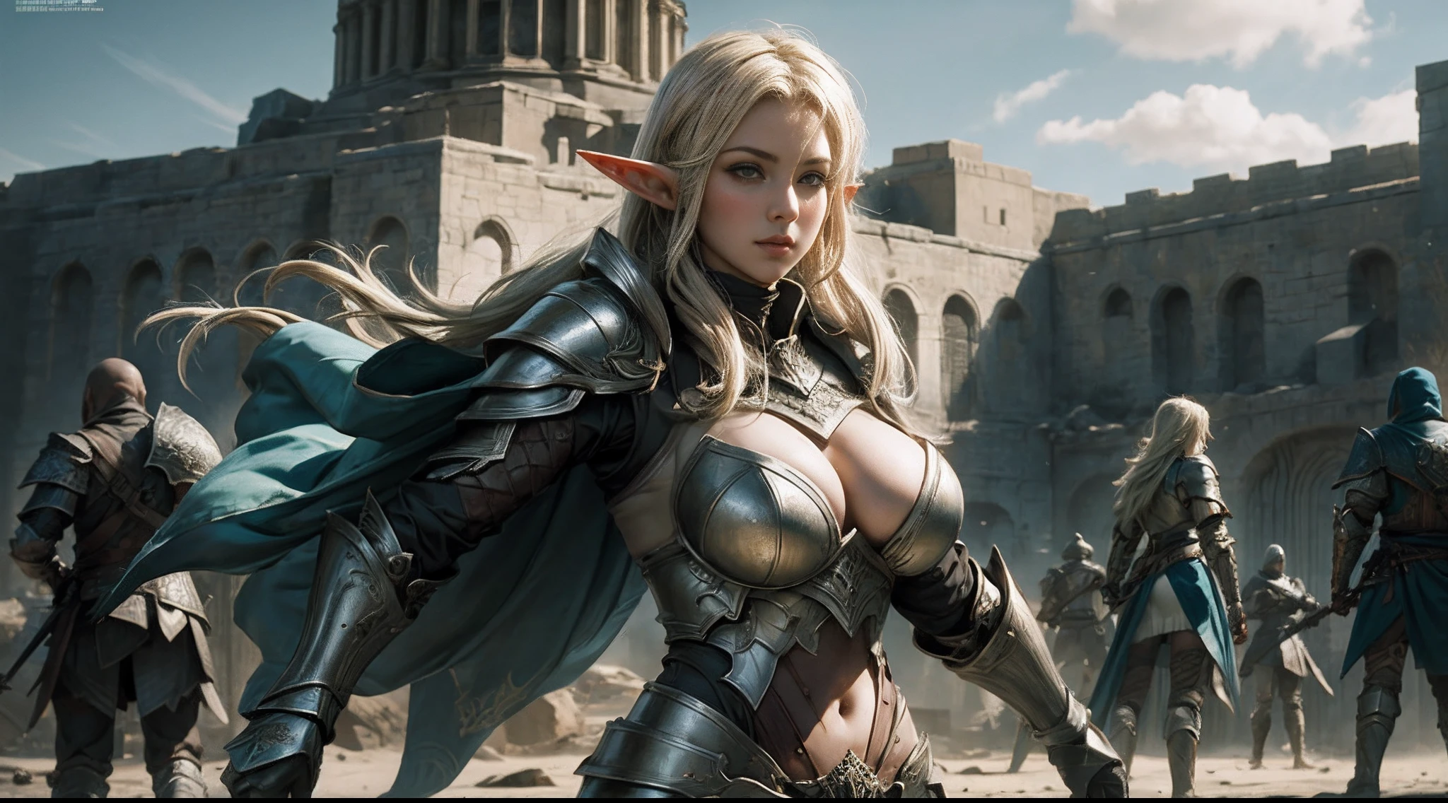 Female elf，Large breasts，Heavy armor，Square shield，complex patterns，The background is the battlefield，Fighting posture，Mid-range portrait