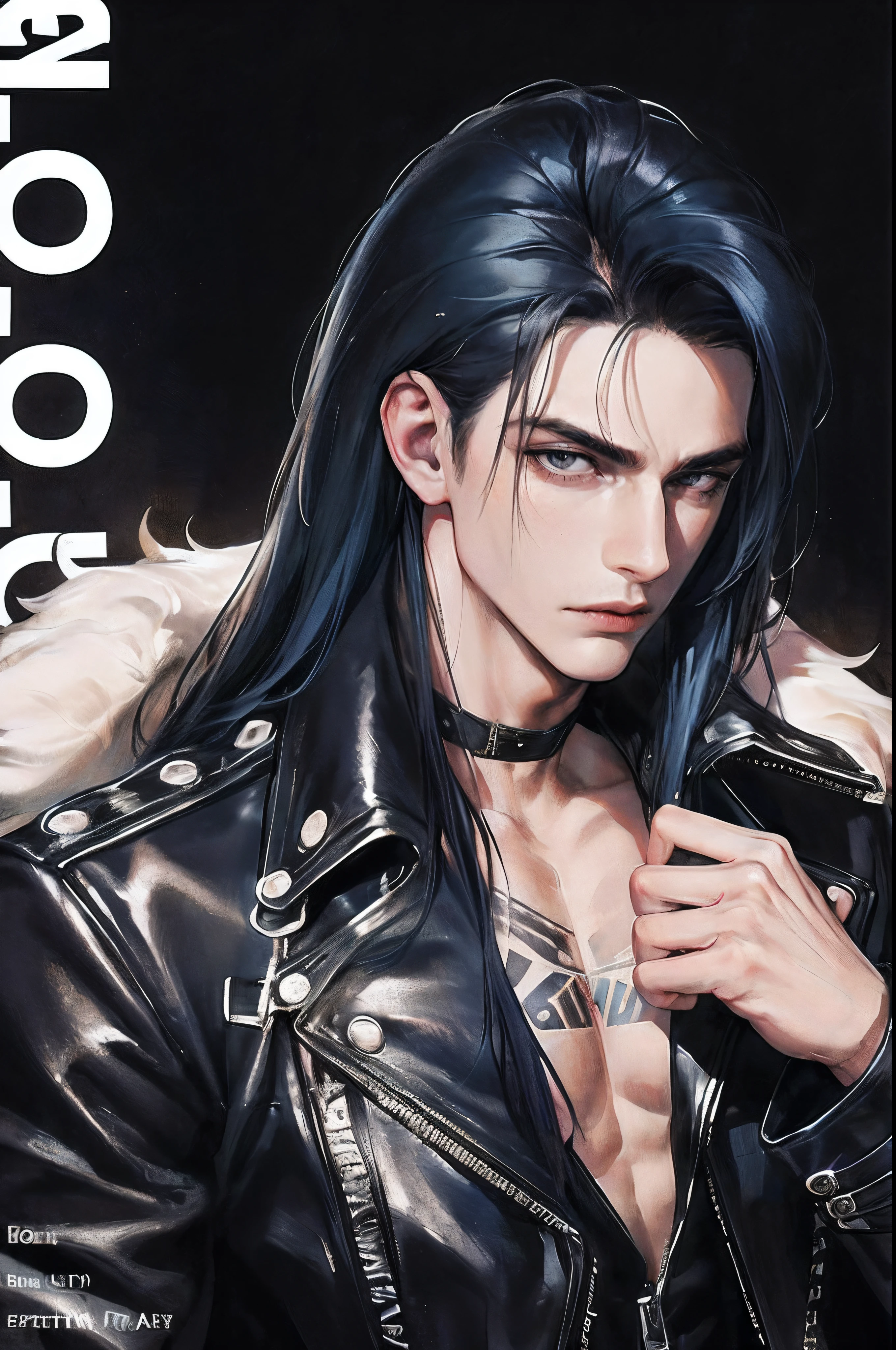 photography of a heavy metal star, a solo man, (((man))), (masculine face), 25 years old, singer, bad boy, (black eyes), expressive look, long dark blue black hair, (((bar background))), straight hair, blueshine hair, unshaven, black leather jacket, (long sleve jacket), leather pants, chest tattoo, super detailed face, perfect body, perfect shapes, perfecto hands, realistic image, award winning photography, 8k,