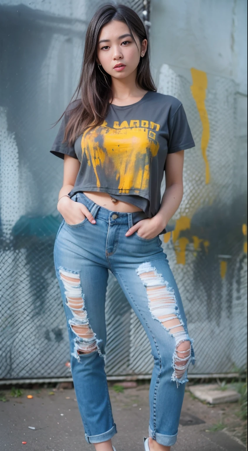 À la Fed woman in paint stained t-shirt, the whole body is stained with paint, 2 4 years old female model, Denim stained with paint, photo of slim girl model, Kobo、taken with canon eos 5 d mark iv, taken with canon 5d mk4, Shot with Canon EOA 6 D Mark II, sakimichan hdri、atelier
