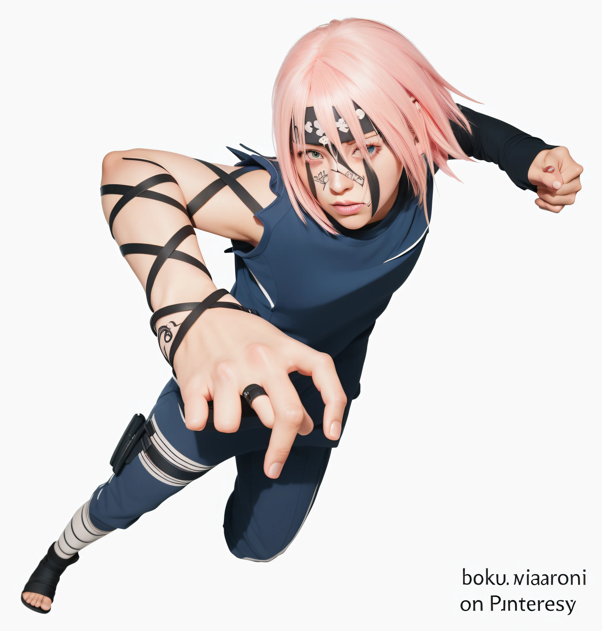 "Sakura Haruno from the anime Naruto, portrayed with stunning realism and lifelike human features. She is not without a headband. She has intricate tattoo designs on her right hand and face."