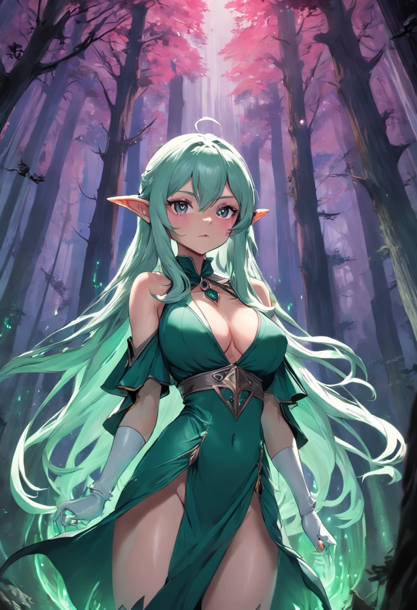 the elf,sorceress woman,s girl,Lori huge breasts cleavage,Pointed face,cabelos preto e longos,Handheld medicine bottle,ln the forest,Impeccable