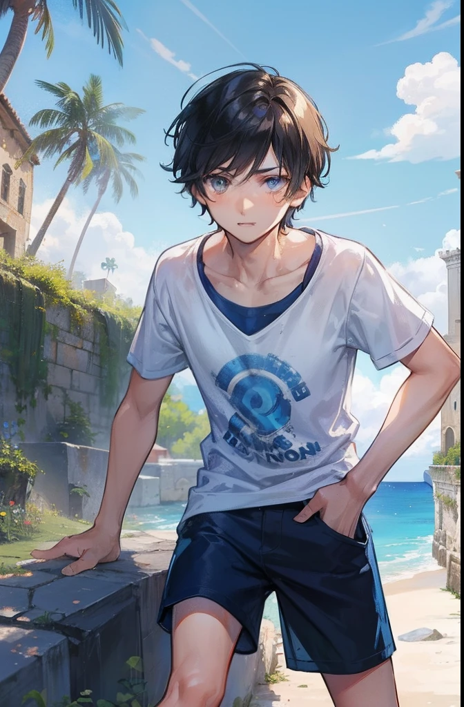 Percy Jackson, , messy short hair, tanned mediterranean skin, climbing