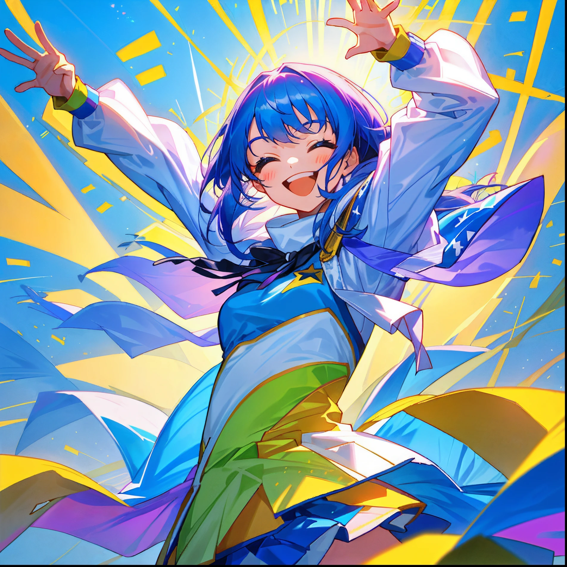 A cartoon girl，Arms up，With his eyes closed, excited, Pose(Arms up + cheerfulness), Very excited, Excited expression, she expressing joy, Happy girl, cheer, raise both arms, extremely happy, and she smiling，Very excited, she is happy, waving and smiling, is overjoyed, excited facial expression, Hands up, she is laughing, Happy expression，Slightly complete the lower body