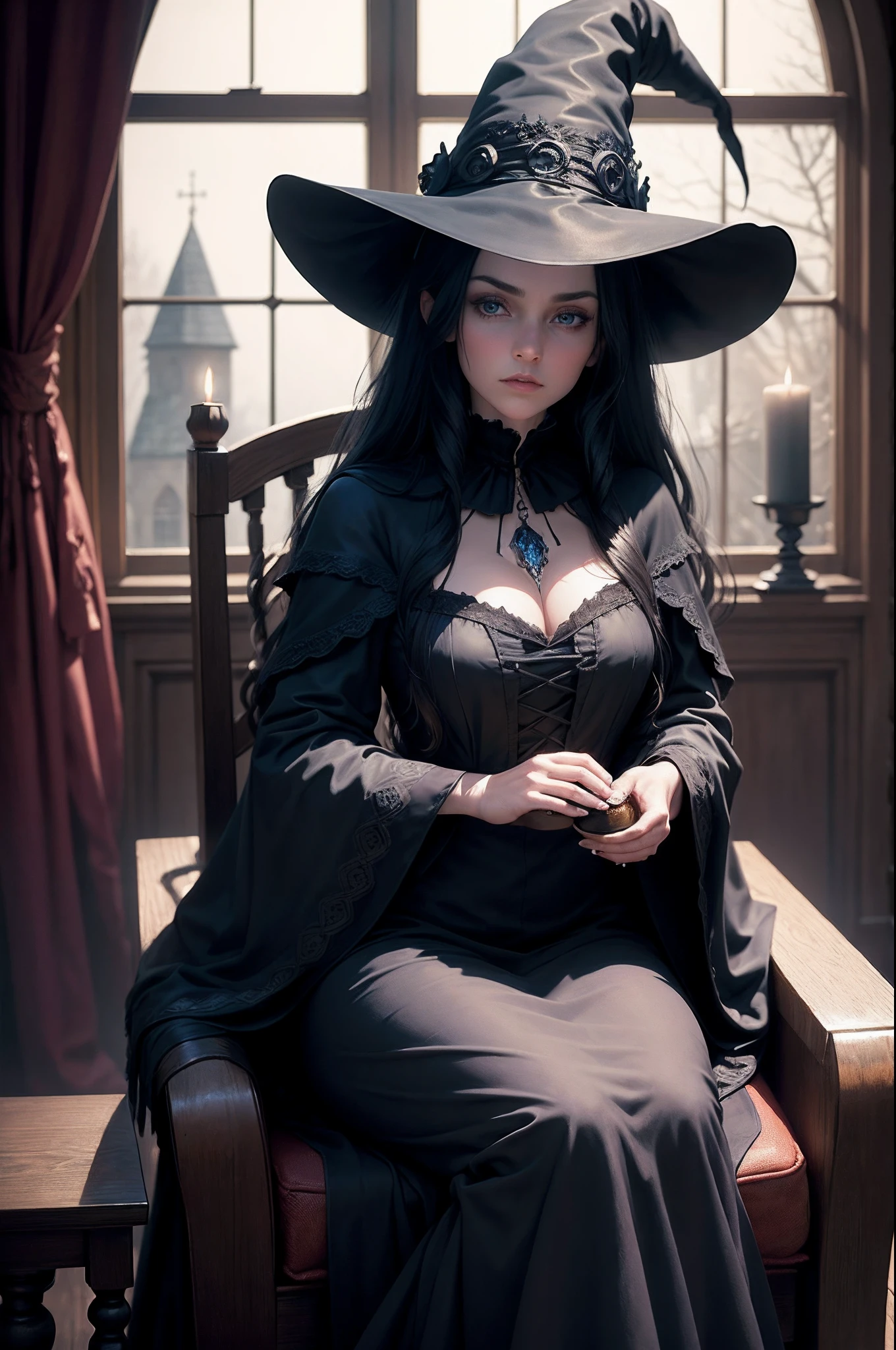 (Masterpiece, Best quality,cinematic Film still from),Awardwinningcharacterconceptartof,Wallpaper,Gothic style witch,At the witch's house,Long black hair,Blue eyes,Wearing a witch hat,Detail surface,robe,Sitting on a chair,Looking at the camera,Soft candlelight, Wide- angle view, gothic architecture, character concept art, super details,