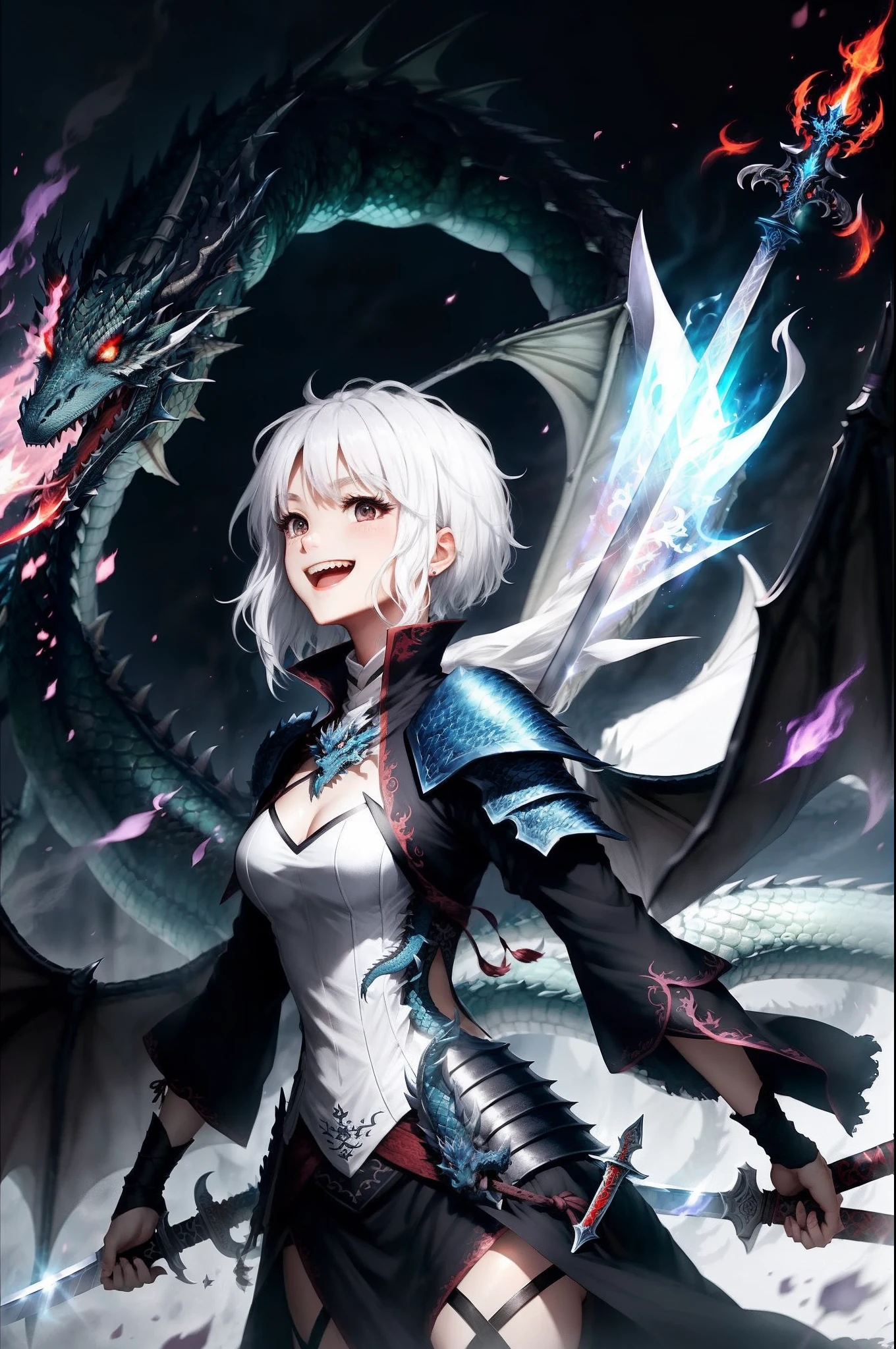 White hair、Beautiful black eyes、Neat face、slender body、Standing with dignity、An aura exudes from the whole body、The sword is tall、Dragon also strikes、Thin laughter is also cute