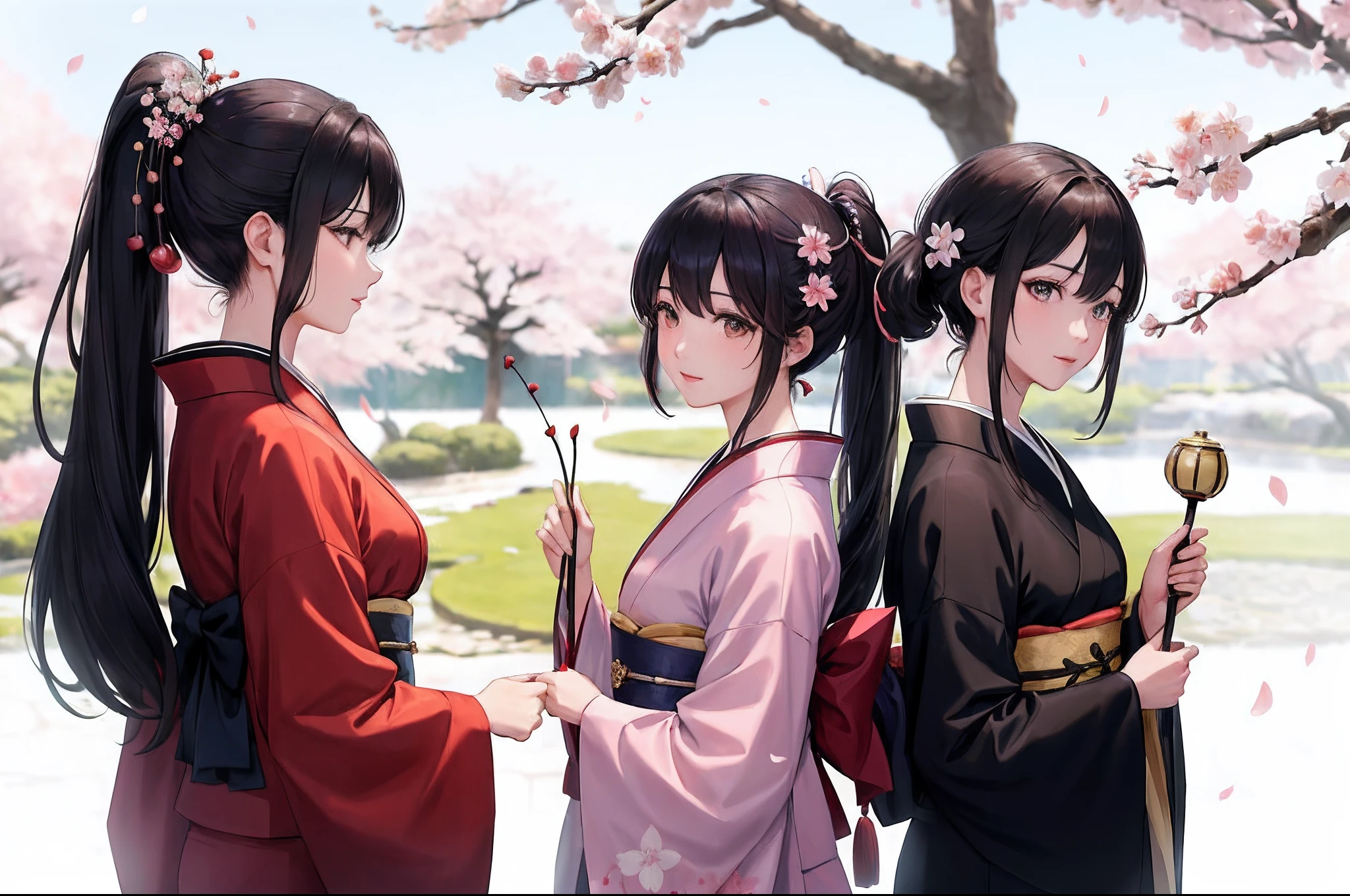 (masterpiece:1.5), illustratio, 4K, 8K, (high-level image quality:1.1), high-detail, 详细的脸, nffsw, vivd colour, natural soft light, cosplay foto, japanese live action movie、2girls、Pretty eyes, finely eye, Black eyes, beautiful countenance、length hair、A dark-haired、High Ponytail, Woman in Kimono、Soft smile、embracing each other、Bring your cheeks together、Japanese garden、springtime、cherry trees、((Cherry blossom petals)),