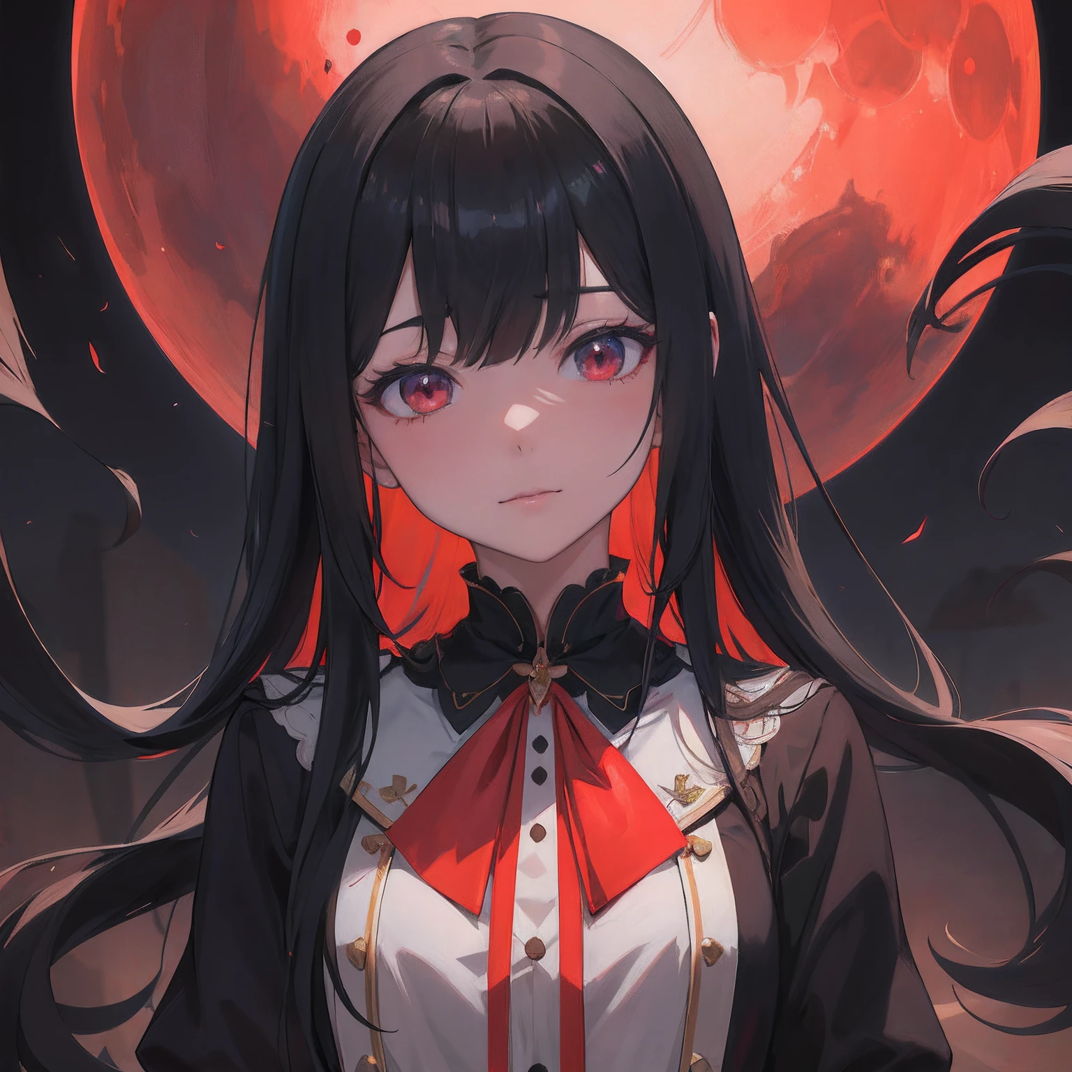 anime girl with long black hair and red bow in front of a full moon, anime style 4 k, anime moe artstyle, ayaka genshin impact, detailed digital anime art, demon anime girl, anime art wallpaper 8 k, anime visual of a cute girl, portrait anime girl, smooth anime cg art, portrait of an anime girl, gothic maiden anime girl