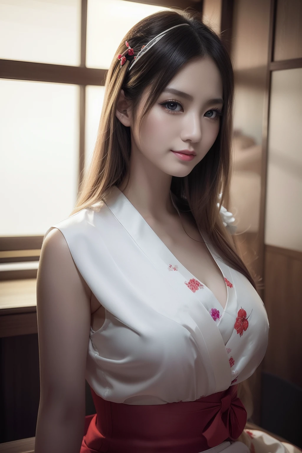 (8K、RAW Photos、top-quality、​masterpiece:1.2)、(realisitic、Photorealsitic:1.37)、25-years old、1girl in、详细的脸、detailedeyes、 Perfect body, (cyberpunked), Cyber Software, cyborgs, implants、((Mirror Shade))in a kimono, in a kimono, Wearing kimono, Kimono, glamorous and sexy geisha, Wearing a kimono, Wearing kimono armor, japanese kimono,Classic kimono, Seductive geisha, Onmyoji, wearing white silk robe,Fancy patterns、 pale and coloured kimono, Cosplay, gorgeous woman、Sexy look, Sexy Pose, Show cleavage, Blonde Straight Long Hair、hime-cut、Silvery chalk、Colossal tits、A smile、red-lips