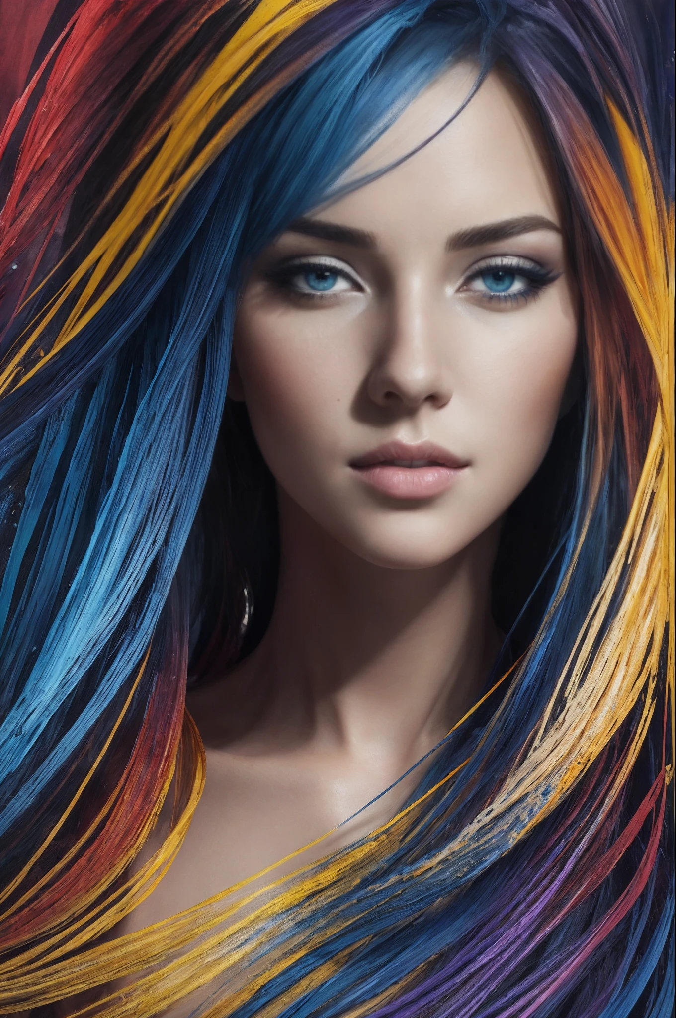 Colorful beautiful girl: a giru 28-years old, messy hair, oil painting, nice perfect face with soft skinice perfect face, blue yellow colors, light purple and violet additions, light red additions, intricate detail, splash screen, 8k resolution, masterpiece, cute face,artstation digital painting smooth veryBlack ink flow: 8k resolution photorealistic masterpiece: intricately detailed fluid gouache painting: by Jean Baptiste Mongue: calligraphy: acrylic: watercolor art, professional photography, natural lighting, volumetric lighting maximalist photoillustration: by marton bobzert:, complex, elegant, expansive, fantastical,  wavy hair, vibrant, Best quality details, realistic, High definition, High quality texture, epic lighting, Cinematic film still, 8k, soft lighting, anime style, masterful playing card border, random Colorful art, oil painting, blue yellow colors, light purple and violet additions, light red additions, intricate detail, splash screen, 8k resolution, masterpiece, artstation digital painting smooth veryBlack ink flow: 8k resolution photorealistic masterpiece: intricately detailed fluid gouache painting: by Jean Baptiste Mongue: calligraphy: acrylic: watercolor art, professional photography, natural lighting, volumetric lighting maximalist photoillustration: by marton bobzert:, complex, elegant, expansive, fantastical, vibrant