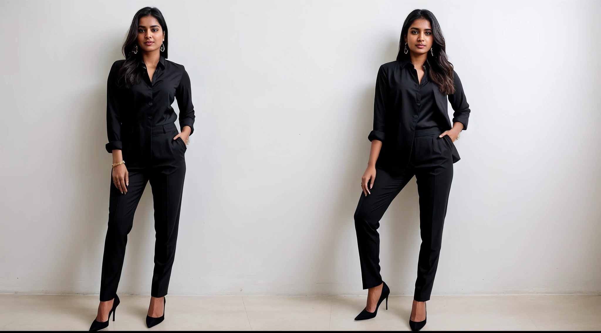 instagram photo, Indian woman in a black suit, black shirt and black pants posing suit for a picture on the white background