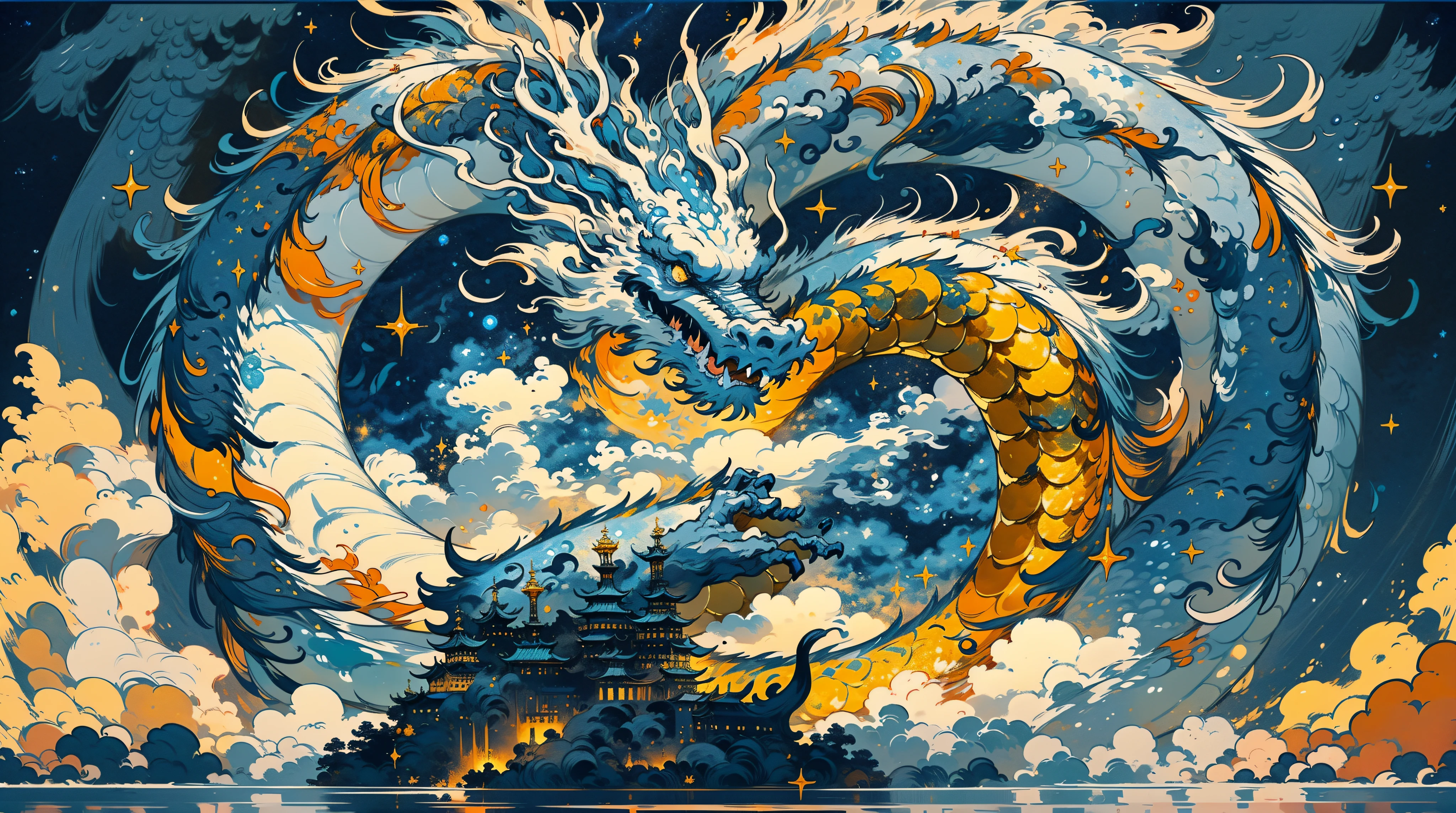 Win a new journey of tens of billions。Complete auspicious dragon，There are taps，Breaking through the clouds。Dark blue starry sky background。National tide color matching。Landmarks from Guangdong, China is behind the scenes，Looming。Light penetrates the clouds。