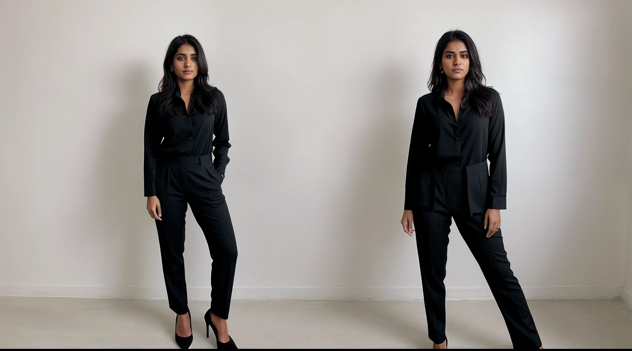 instagram photo, Indian woman in a black suit, black shirt and black pants posing suit for a picture on the white background