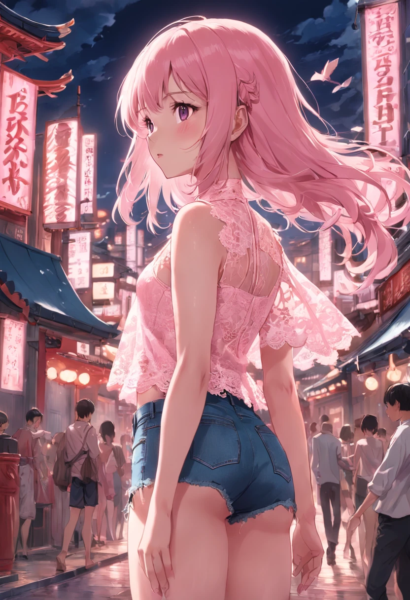 1 girl, city street, no cars, night time, dark, pink hair, cute face, perfect face, long wavy hair, night gown lingerie, blue eyes, hands behind back, absurdres, high res, ultrasharp, 8k, masterpiece