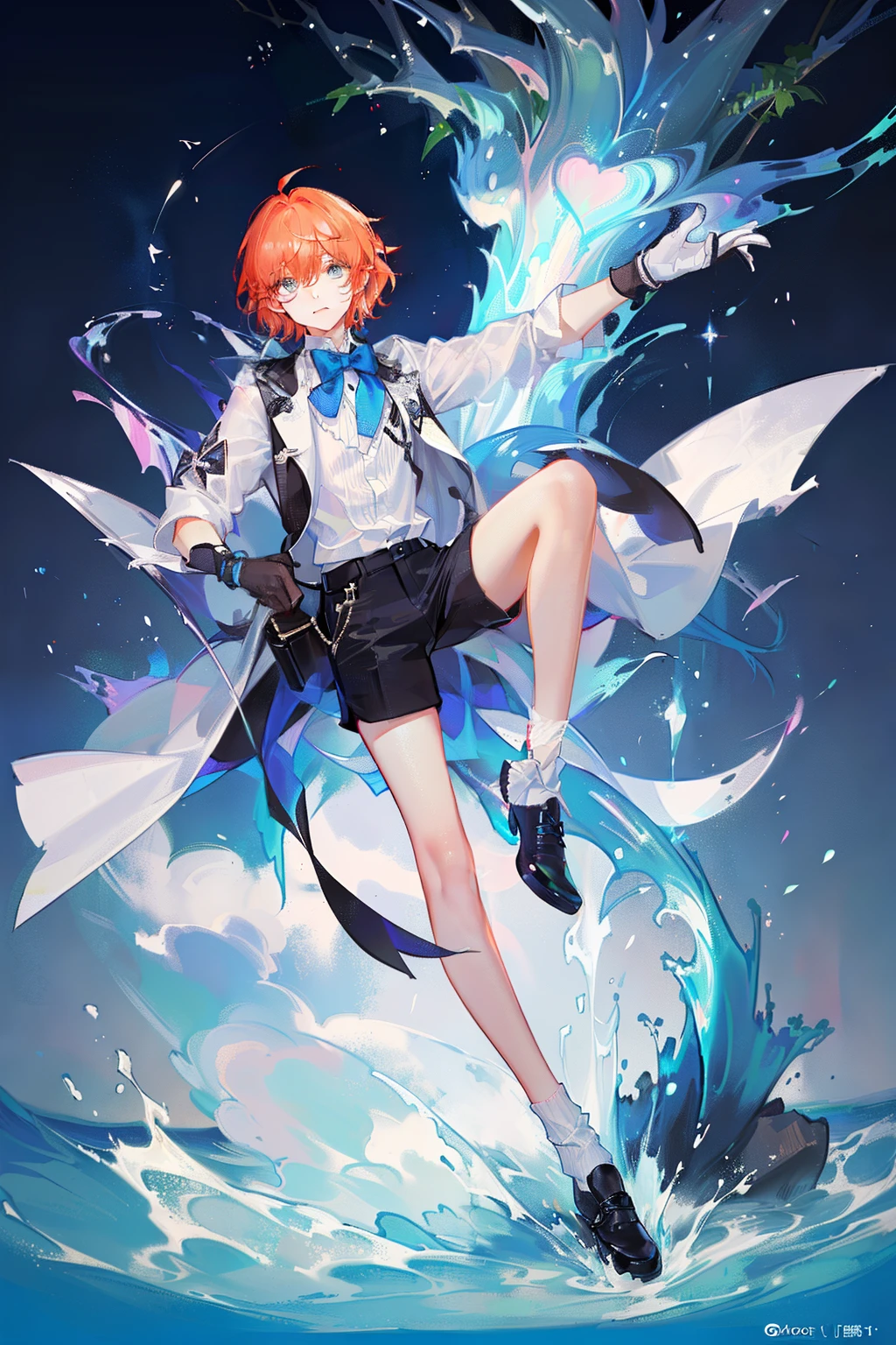 A ager,orange short hair,blue color eyes,Bangs cover one eye,Wear a white shirt,The cuffs have long lace trims,blue bowtie,longer sleeves,Wearing black shorts,show legs,Wear white socks and leather shoes,He wears black half-palm gloves on his hands,full bodyesbiice in the wonderland