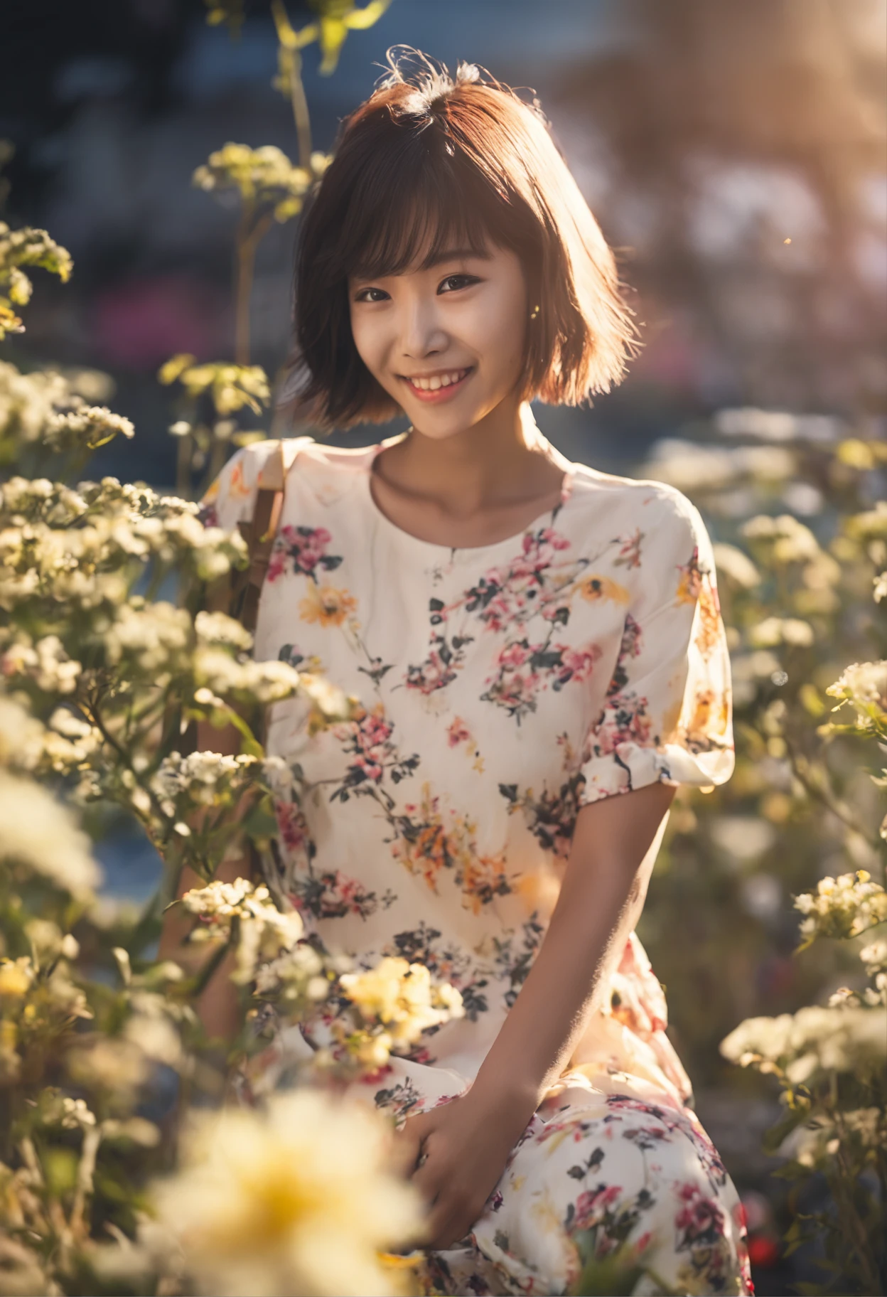Sunny Chinese girl with a bright smile,Cheerful and lively,actionpacked,Short hair cute,Refreshing summer outfit,A gentle breeze blows,Flowers bloom,Sunlight floods the entire picture,Warm light and shadow intertwined,It brings a feeling of happiness。