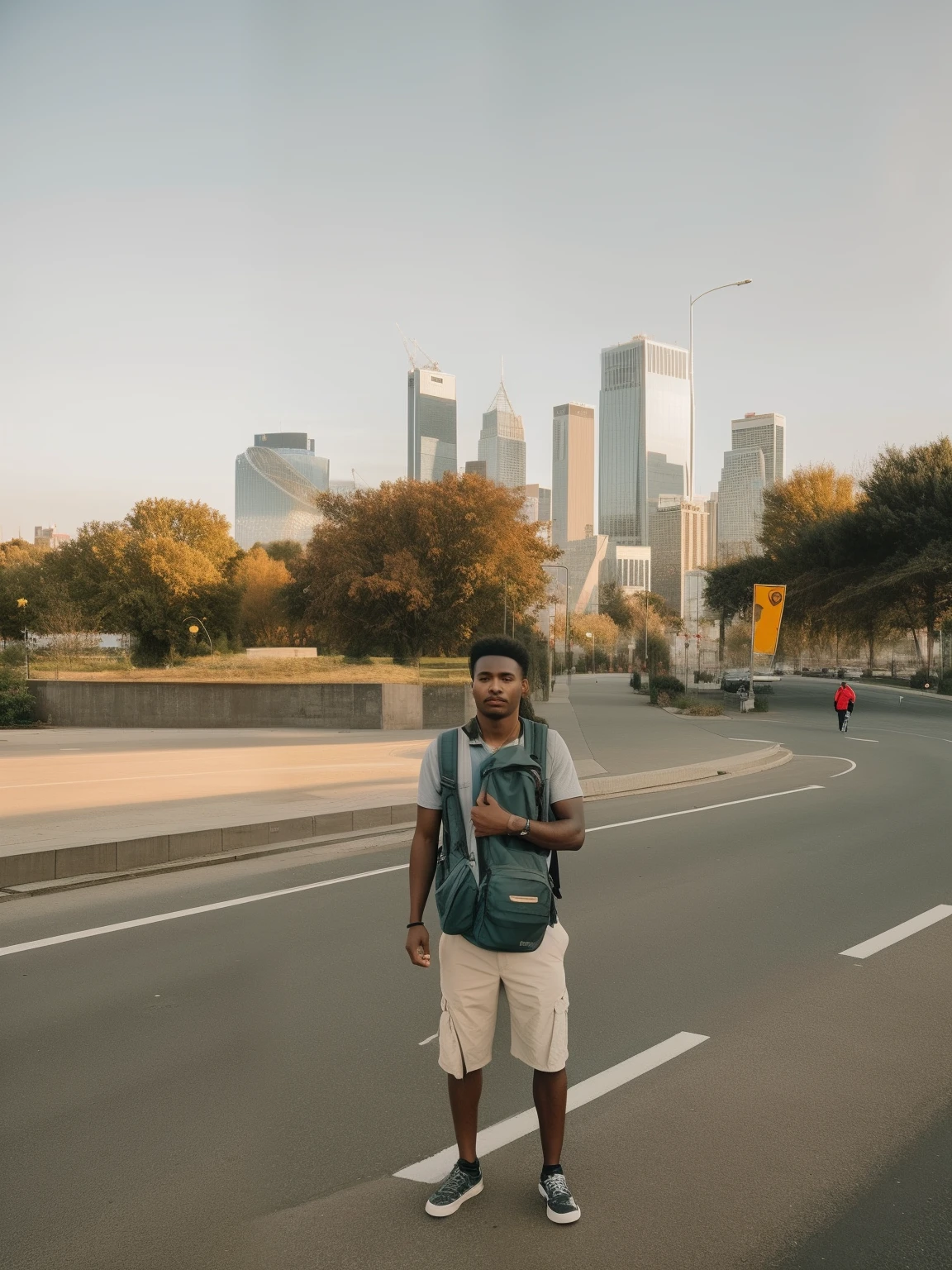 there is a man standing on the side of the road with a backpack, with a city in the background, city in the background, park in background, city in background, with a park in the background, in front of a sci fi cityscape, standing in a city center, town in the background, in city street, in the middle of the city