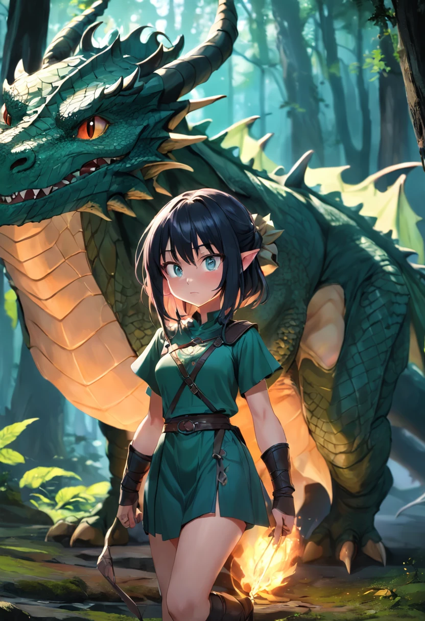 Dragons，ar old，ns girl，Lori huge breasts cleavage，Pointed face，cabelos preto e longos，assassins，ln the forest，Impeccable，Small of breast，Small buttocks