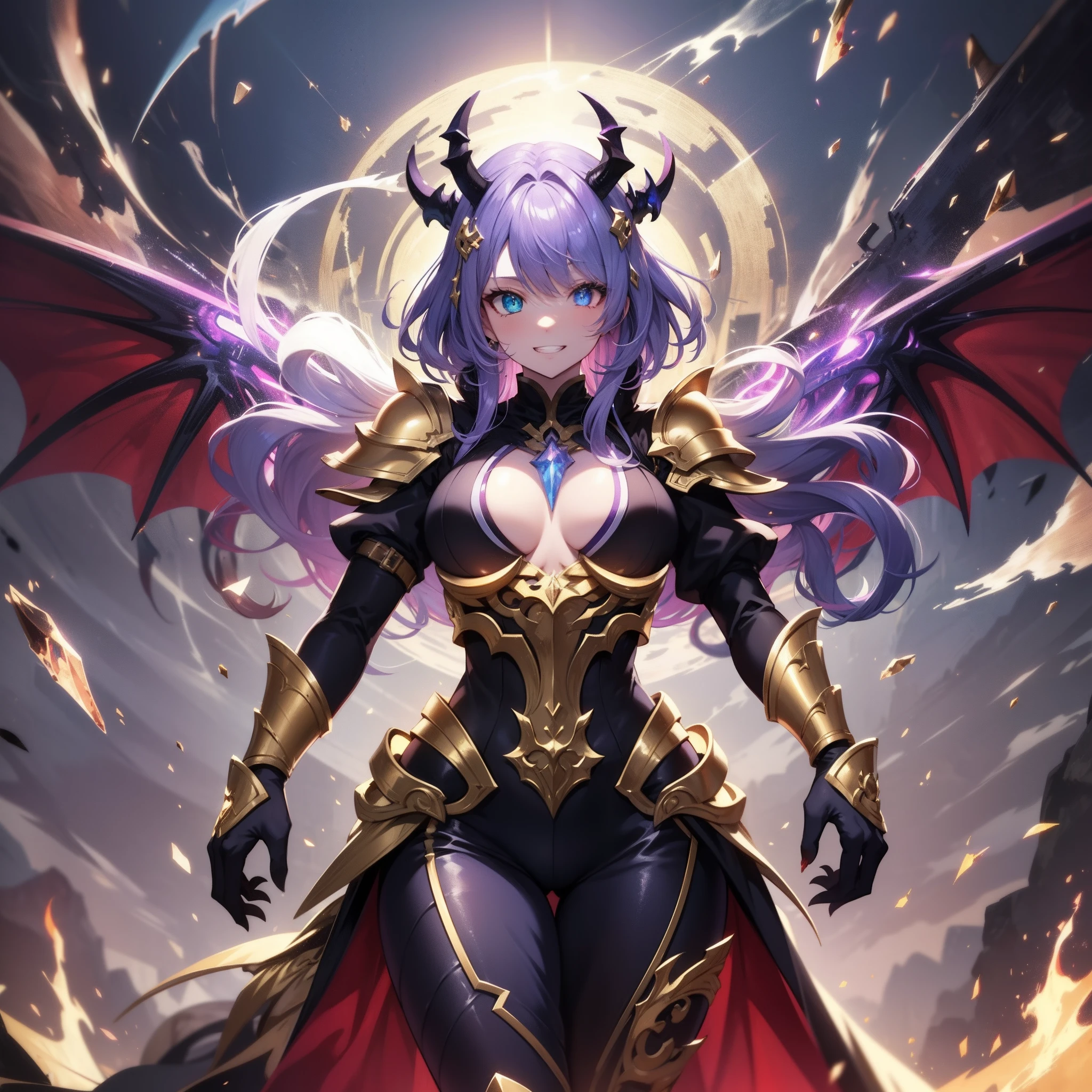 Female eyes have heterochromia,dark-gold armor, Female, Dark Red Dragon Horn, Five claws on golden dragon background, Fire effect, thunder efect, Purple hair, Gradient Eyes, grin, high detailing, Anime, Cinematic lighting, Glowing light, godrays, Reflected Light, Backlight, Projection Illustration, nffsw, masutepiece, ccurate, Textured skin, Super Detail, Best Quality, High resolution, Award-winning