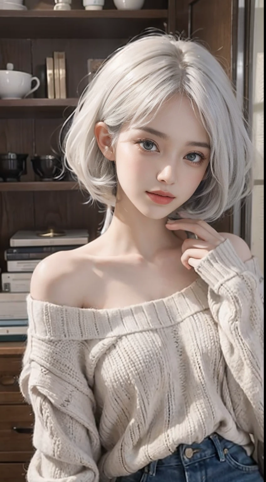 Medium Shot Shot, A beautiful woman looks at the camera, White hair, Chris Foss autumn off-the-shoulder sweater