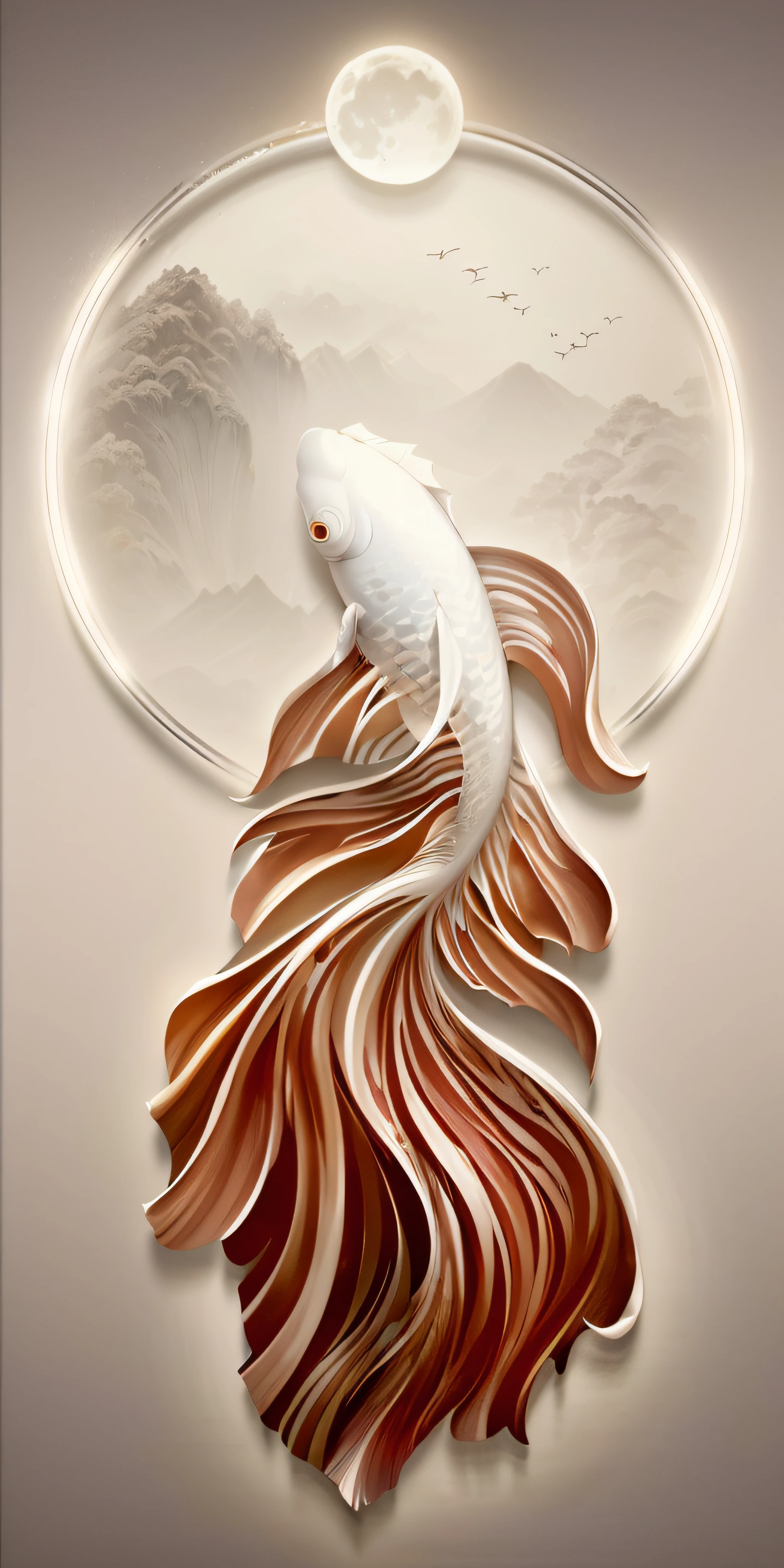 There is a fish flying in the air，The background is the moon, Exquisite digital illustration, inspired by Nōami, Inspired by Ma Yuan, Koi, Stylized digital illustration, swirling silver fish, koi fishes, inspired by Li Kan, inspired by Koson Ohara, A beautiful artwork illustration, ornate and flowing, inspired by Sōami