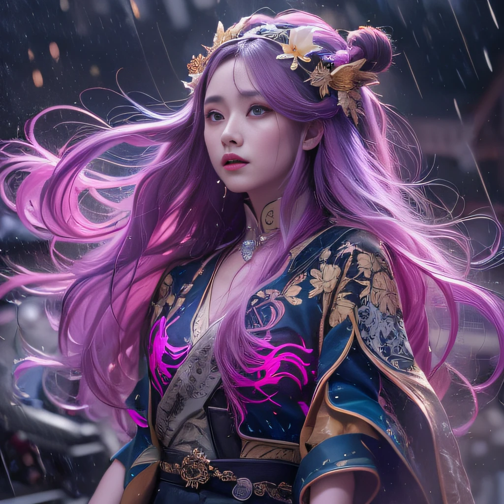 32K(tmasterpiece,k hd,hyper HD,32K)Long flowing purple-pink hair,Autumn Pond,zydink, a color, Tongzhou people (Girl with glowing eyes), (Thin silk scarf), Combat posture, looking at the ground, long whitr hair, Floating hair, Python headdress, Chinese long-sleeved clothing, (abstract ink splash:1.2), white backgrounid,Lotus protector(realisticlying:1.4),Purple-pink hair,Smoke and rain,The background is pure, A high resolution, the detail, RAW photogr, Sharp Re, Nikon D850 Film Stock Photo by Jefferies Lee 4 Kodak Portra 400 Camera F1.6 shots, Rich colors, ultra-realistic vivid textures, Dramatic lighting, Unreal Engine Art Station Trend, cinestir 800,Long flowing purple-pink hair