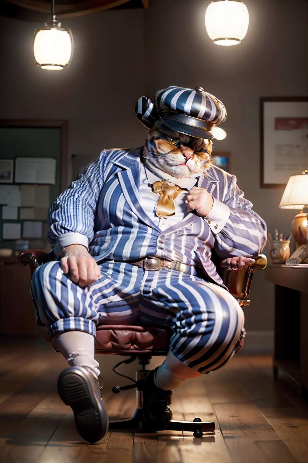 A fun scene. Old fat gangster-striped cat in a wide-brimmed hat, Sitting on a leather chair, 3D рендеринг vray, Disney Pixar Cartoon, Blurred background of the business office. Light haze.