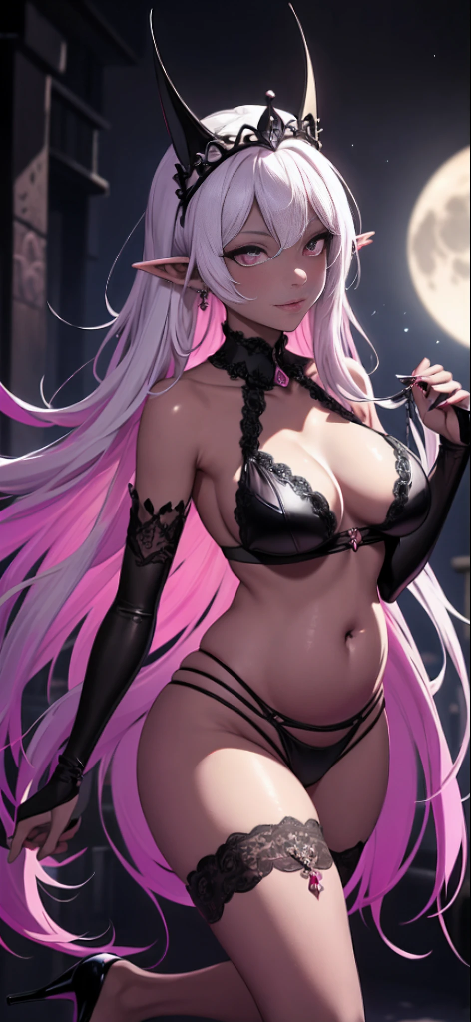 the night，独奏，full bodyesbian，skin dark，Drow Elves，Prostitutes，Customs，Sex practitioners，，Black skin，long  white hair，Princess Crown，elvish ears，Pink love pupils，A happy expression，delicated face，Iron collar，Nipple rings，Excitation，Oversized breasts，Lace transparent lingerie，Purple transparent cloak，Shirtless，belly dance，slender leg，legs separated，High-waisted oily black silk，pretty high-heel，Sexy figure，The whole body is oily，Prostitutes，3 months pregnant，hot girls，Q of spades，，（Background night，themoon，Moonlight shines，Black alley background，Unlit alley， Dark atmosphere），Surrounded by a pink aura，，