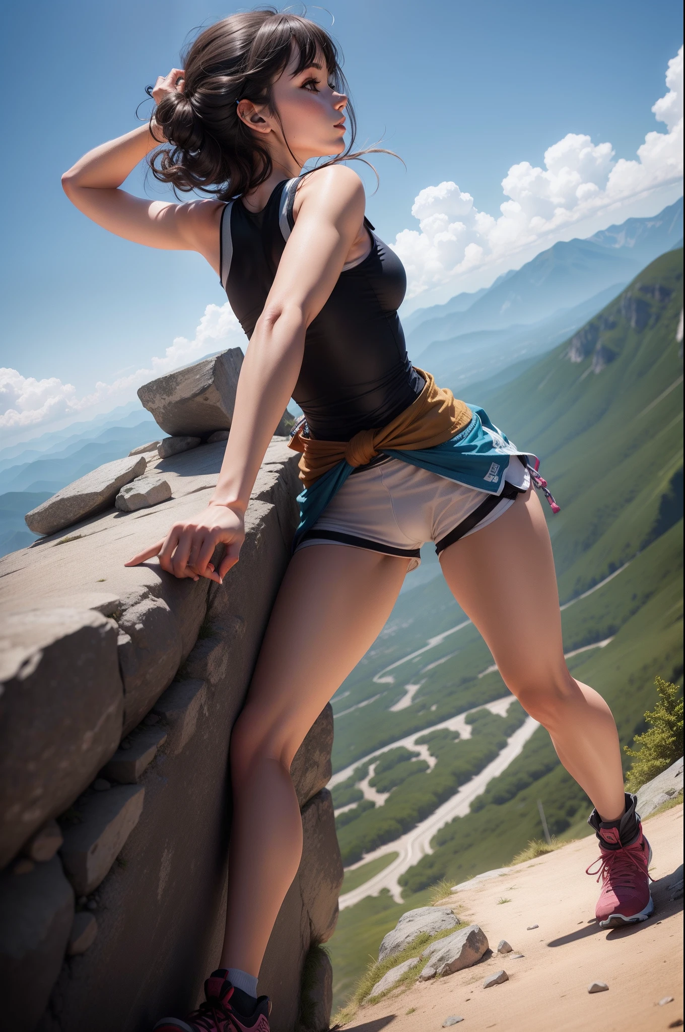 highest quality, masterpiece, Showing off her ass,(((During sex)))Highly detailed background,Sex Appeal, (((Back view of a girl climbing a majestic river, 15-year-old girl, Captivating ass))), (((Summer mountaineer style outfit))), A person stretching out in the sunlight shining in from the mountaintop, Beautiful landscape in earth tones, Bright prospects, Expressions that give viewers a gentle feeling, Focus on the landscape、Make portrait smaller..