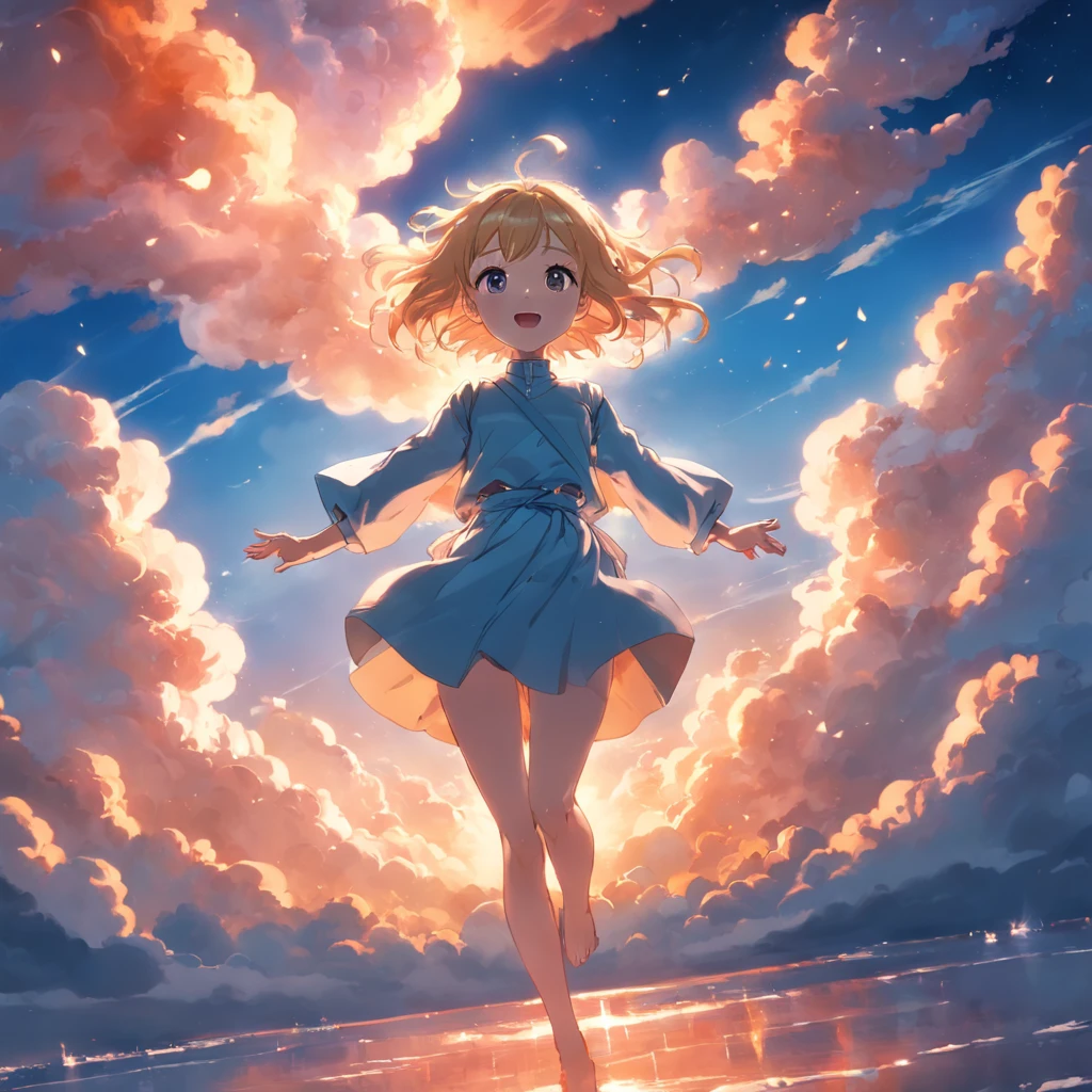 masterpiece, best quality, movie still, 1girl, cloud girl, floating in the sky, close-up, bright, happy, warm soft lighting, sunset, (sparks:0.7)