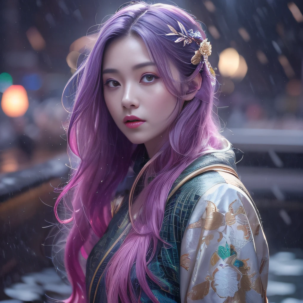 32K(tmasterpiece,k hd,hyper HD,32K)Long flowing purple-pink hair,Autumn Pond,zydink, a color, Tongzhou people (Girl with glowing eyes), (Thin silk scarf), Combat posture, looking at the ground, long whitr hair, Floating hair, Python headdress, Chinese long-sleeved clothing, (abstract ink splash:1.2), white backgrounid,Lotus protector(realisticlying:1.4),Purple-pink hair,Smoke and rain,The background is pure, A high resolution, the detail, RAW photogr, Sharp Re, Nikon D850 Film Stock Photo by Jefferies Lee 4 Kodak Portra 400 Camera F1.6 shots, Rich colors, ultra-realistic vivid textures, Dramatic lighting, Unreal Engine Art Station Trend, cinestir 800,Long flowing purple-pink hair