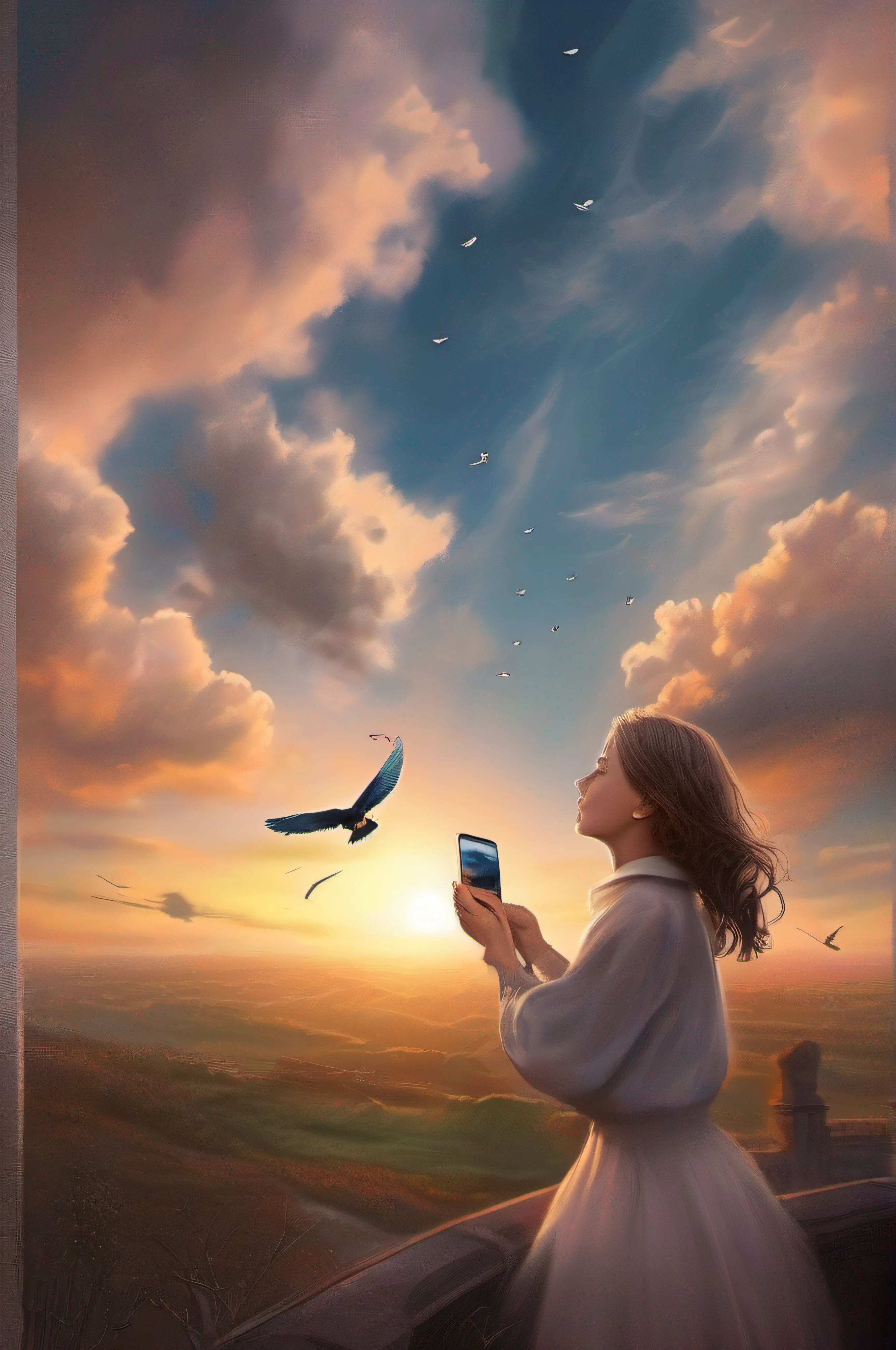 here is a picture of a sky with clouds,dramatic sky, surreal sky, detailed sky,super realistic sky,birds in the sky, a girl taking picture of the sky