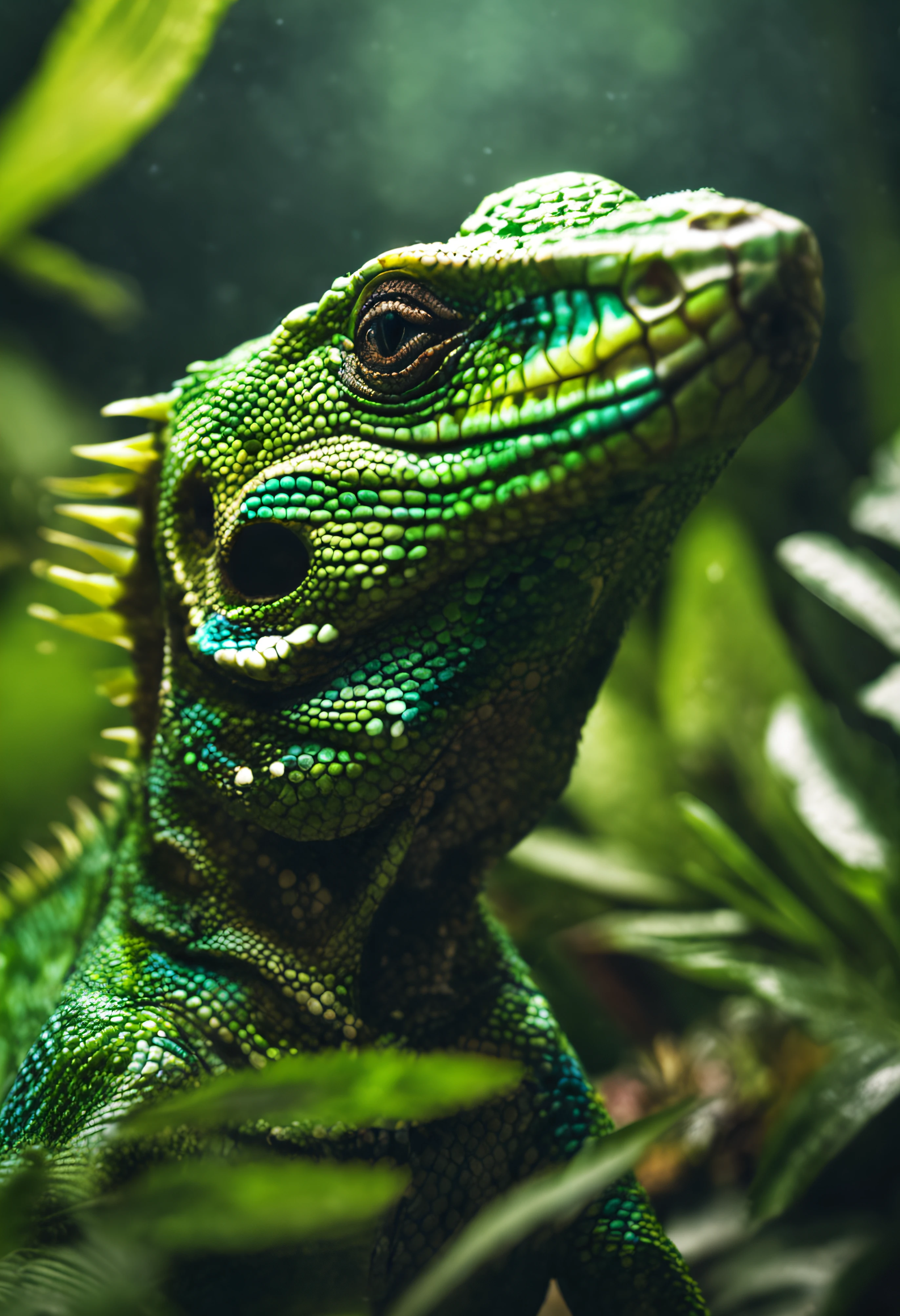 High nation-geographic symmetrical close-up portrait shoot in green jungle of an expressive lizard, anamorphic lens, ultra-realistic, hyper-detailed, green-core, jungle-core –ar 16:9 –q 2 –v 5